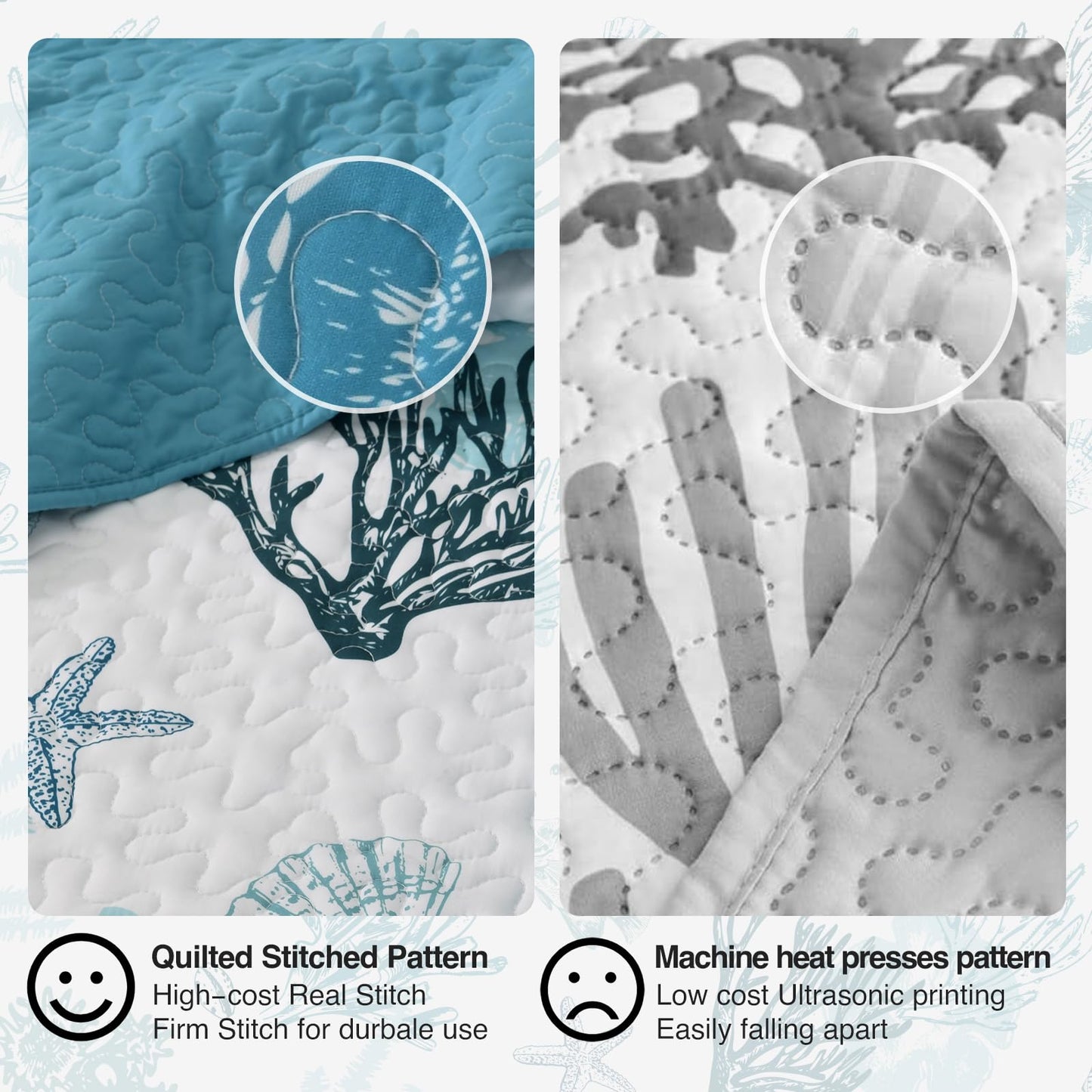 HORIMOTE HOME Coastal Quilt Bedding Set Queen Size, Reversible Blue Summer Beach Quilt Lightweight Ocean Nautical Comforter Tropical Bedspread Coverlet with 2 Pillow Shams for All Seasons (90"x96")