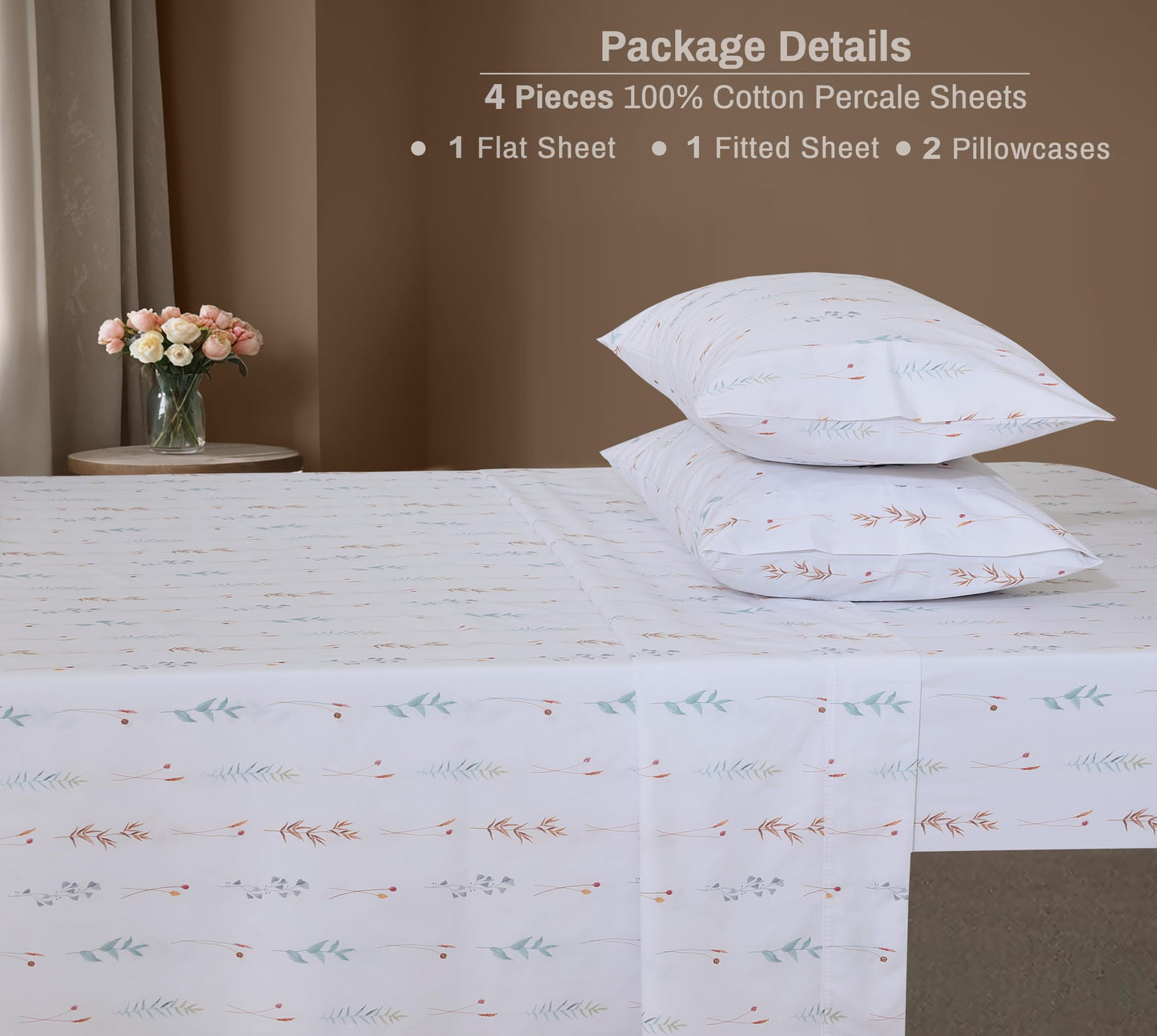 ZOYER 100% Cotton Percale Sheets Full Size – Cooling Breathable Bed Sheets for Hot Sleepers, Crisp Hotel Style Bedding, Deep Pocket 16”, Lightweight Soft Durable 4 Pcs Sheet Set, Fairy Meadows