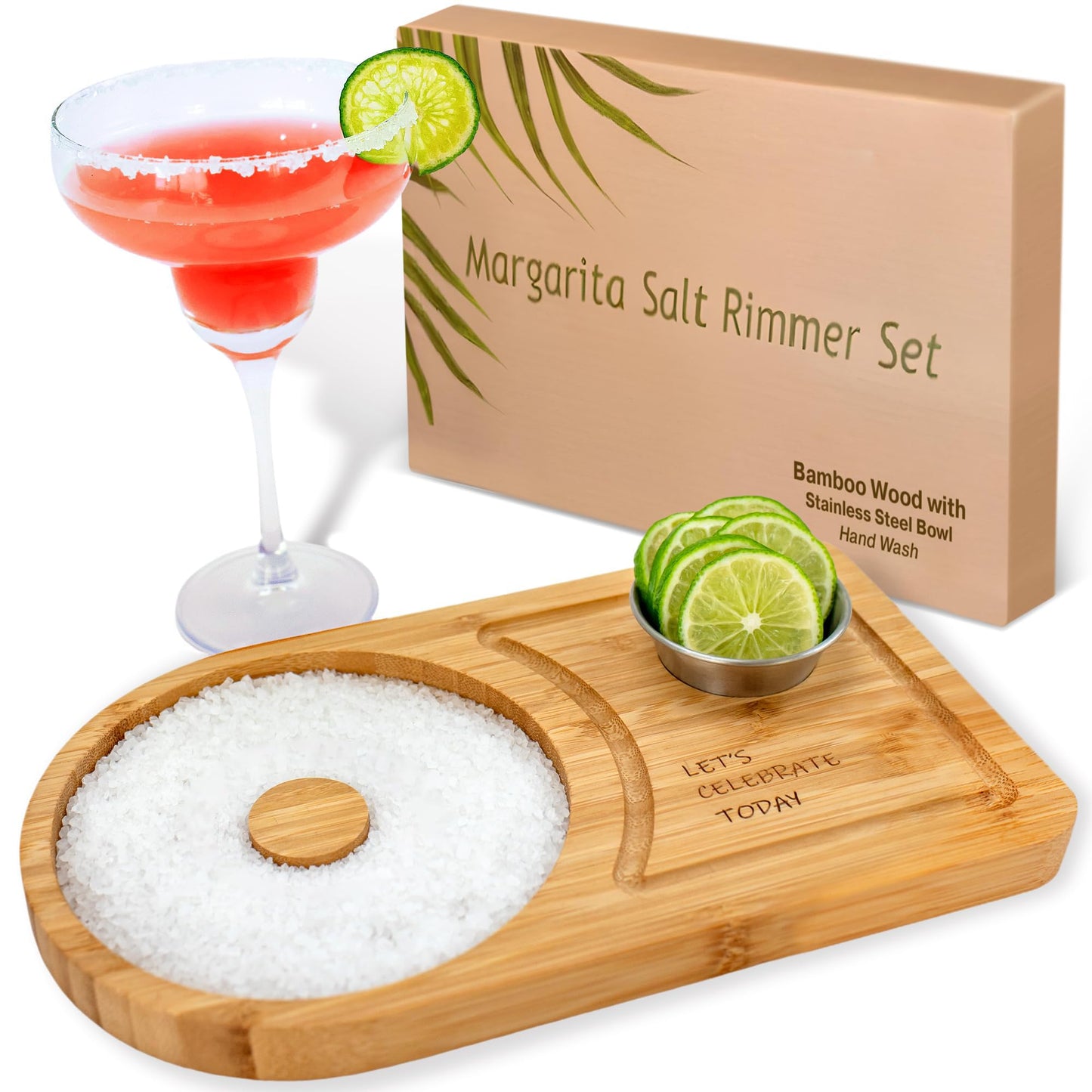 Margarita Salt Rimmer Set for up to 6" Rims - Bamboo 'Let's Celebrate Today' Wood Margarita Rimmer Set w/Bowl & Room for Margarita Accessories- Margarita Sugar Rimmer for Cocktails