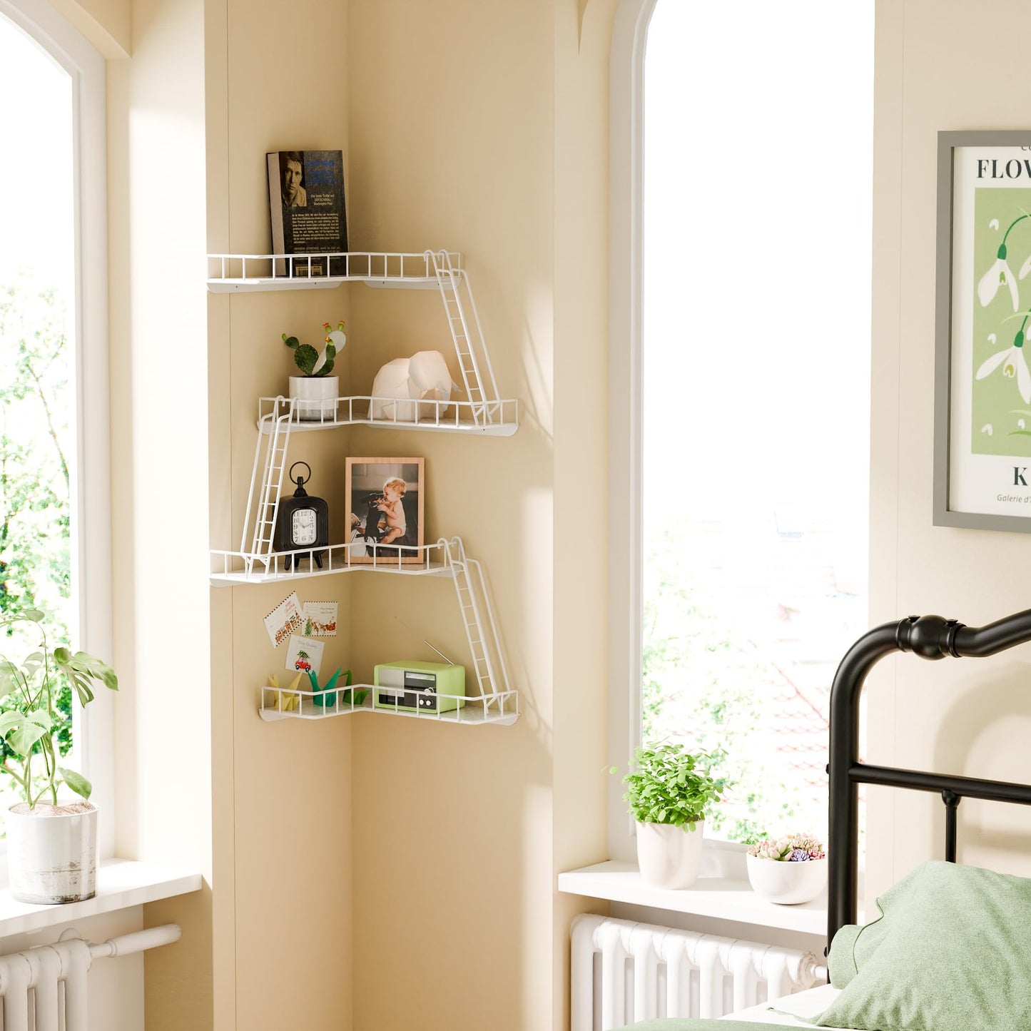 WOPITMER Fire Escape Wall Shelf - Modern City Style 4-Tier Corner Wall Shelves, Easy to Install Metal Ladder Shelf for Figures, New York Decorative Shelves for Bathroom, Living Room & Home Decor,White