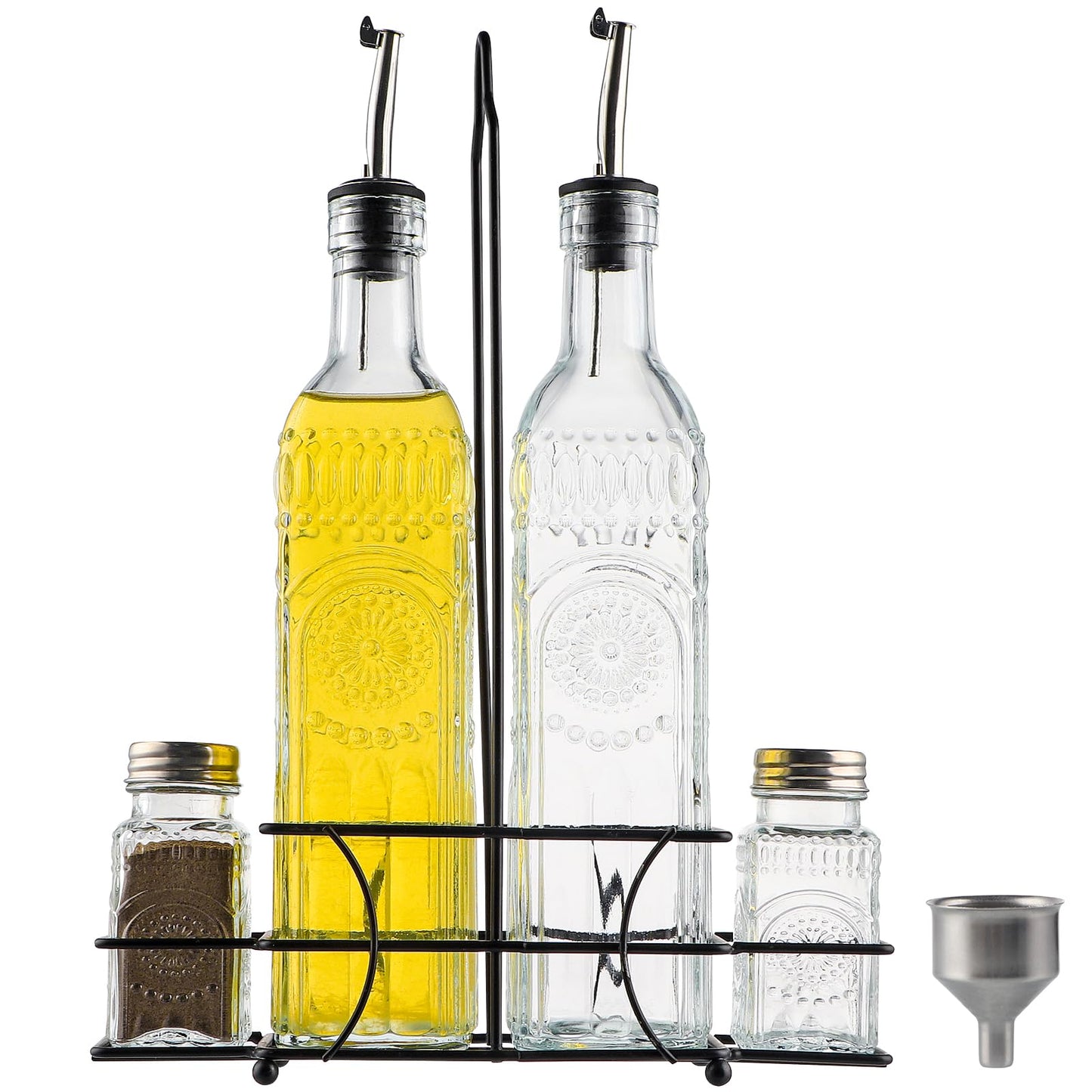 MDLUU Glass Oil and Vinegar Cruet Set, Salt & Pepper Shakers with Holder