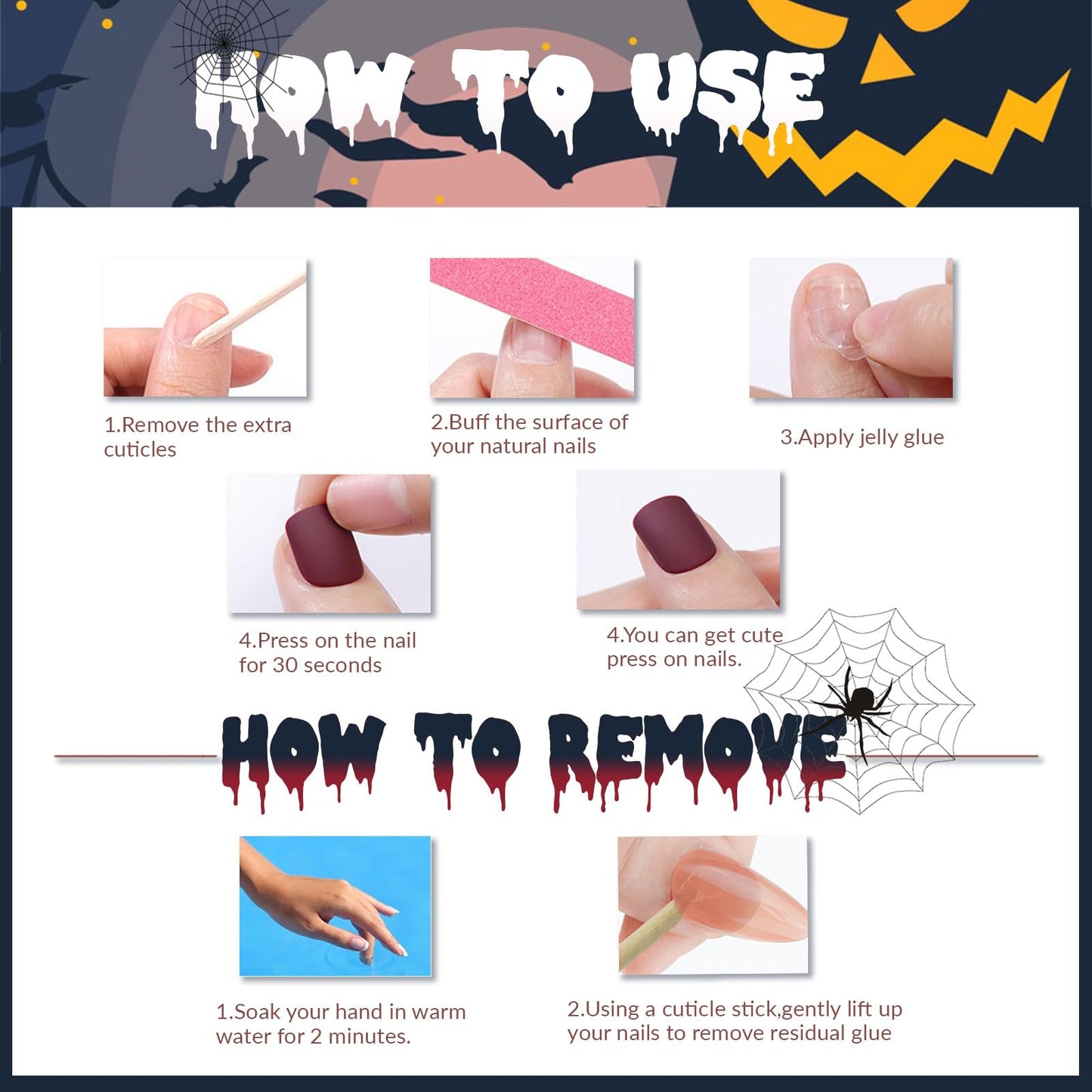 Halloween Press on Nails Long Coffin Fake Nails with Designs Cute Ghost False Nails Heart Flame Spider Skull Glue on Nails Full Cover Suqare Artificial Acrylic Stick on Nail for Women Girls 24 Pcs