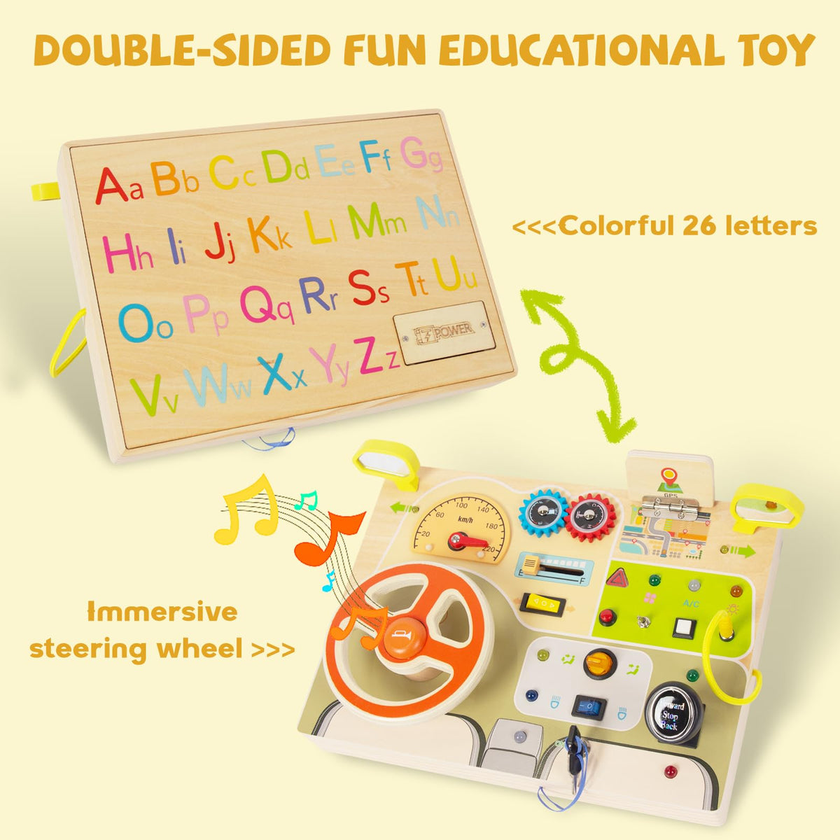 Montessori Busy Board for Toddlers Baby Busy Board Car Steering Wheel Wooden Sensory Board Travel Toys for Fine Motor Skill Gift for 3+ Years Old Boys Girls Christmas Birthday Parents