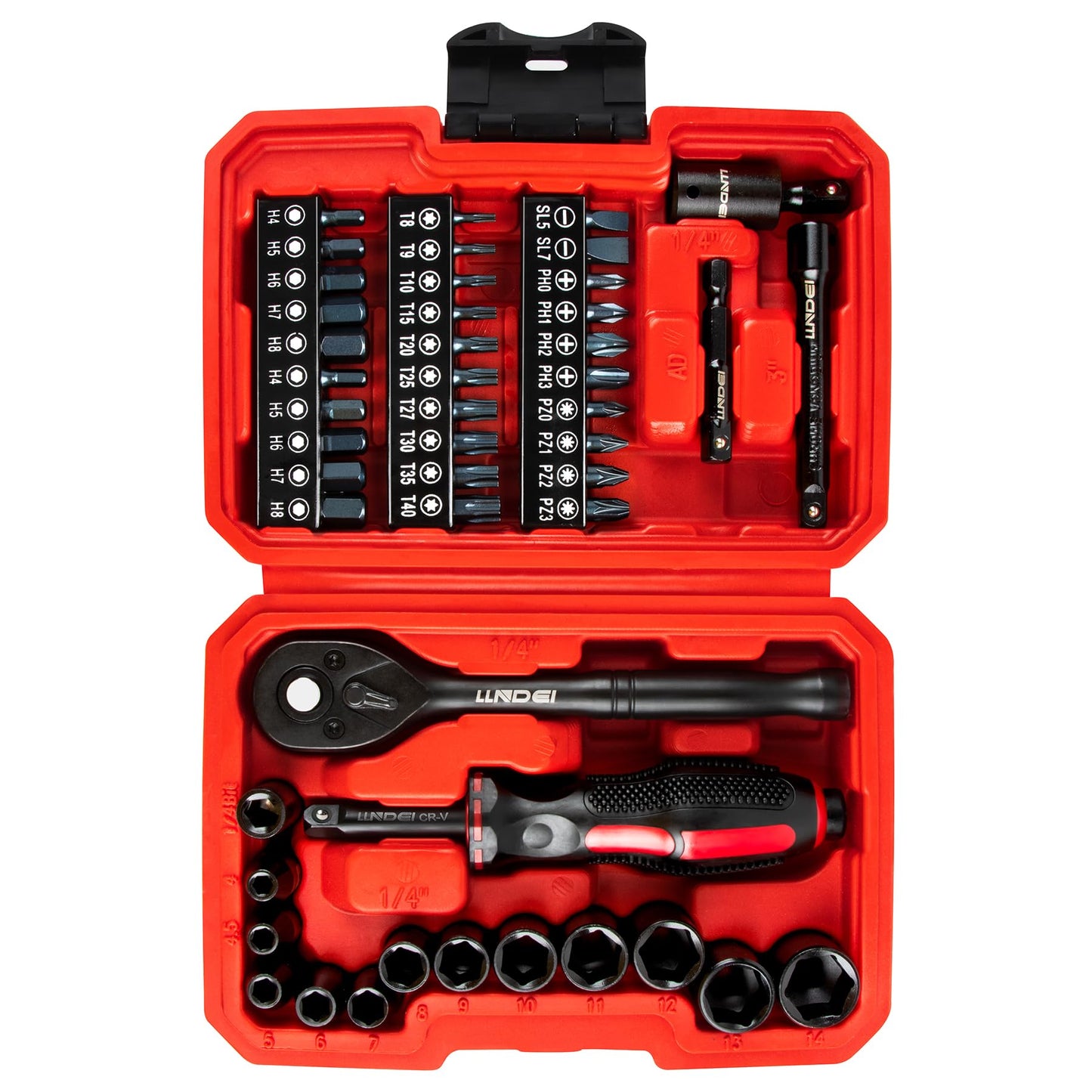 LLNDEI 48 Piece 1/4 Inch Mini Socket Ratchet Wrench Set, Metric Shallow Socket (4-14mm) 6-Point,with 72 Teeth Mini Ratcheting Wrench, Screwdriver Bit Set, Universal Joints and 3 Inch Extensions