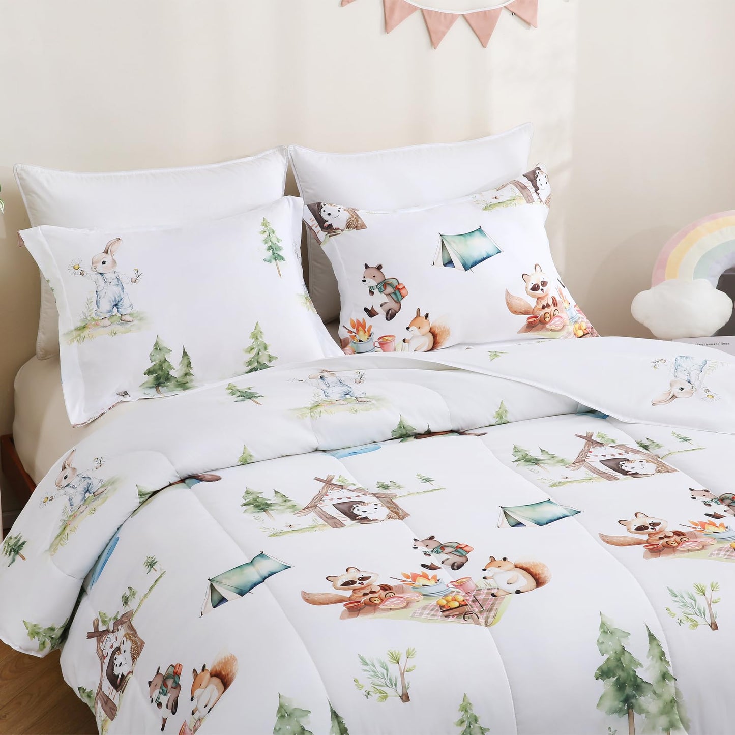 Yibeizi Camper Themed Comforter Set Twin, Kids Woodland Animals Printed Bedding Set with Pillow Sham, Cute Lightweight Soft Breathable Machine Washable Quilted Bed Comforter Set 2 Piece