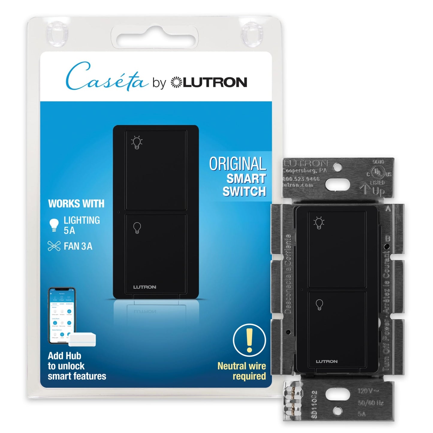 Lutron Caseta Original Smart Light Switch (Lutron Smart Hub Required), for Home, LED Lights, and Fans, 6 Amp, Single-Pole/3-Way, Neutral Required, PD-6ANS-WH, White