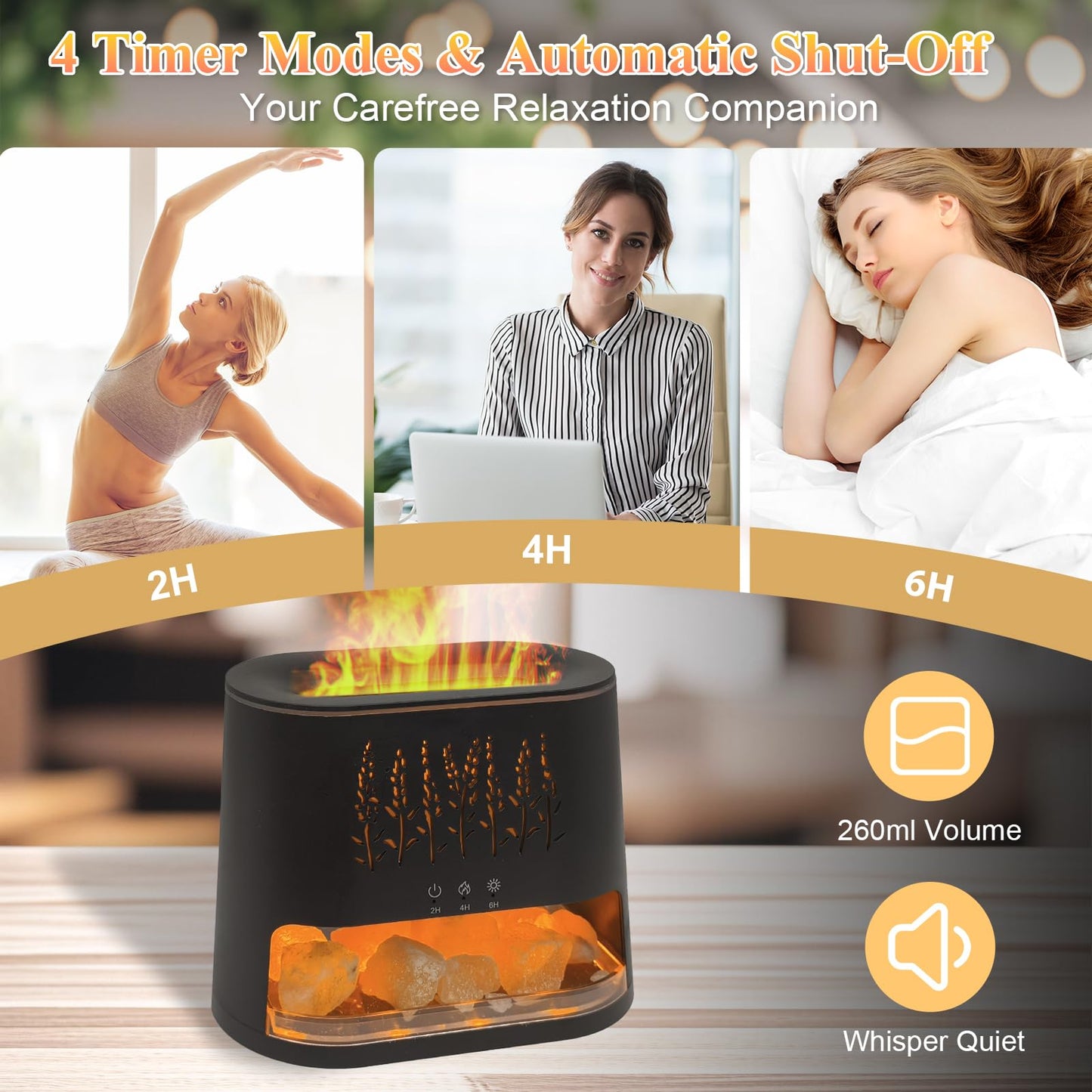 Fireplace Flame Diffuser & Himalayan Salt Lamp, 8 Colors Aromatherapy Diffuser Cool Mist Humidifier with Timer Auto Off Function for Home, Bedroom, Offie,Yoga