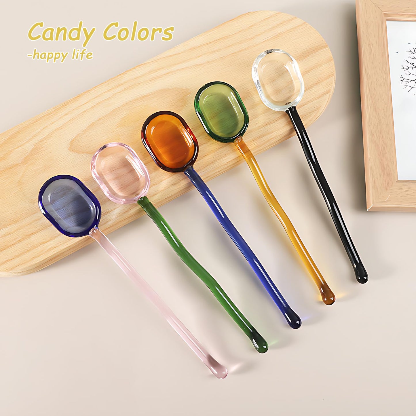 Turbokey 5 Pieces Glass Spoons - 6.1 inch Coffee Teaspoons, Heat Resistant Stirrers for Tea, Sugar, Home Bar Party (5 Color)