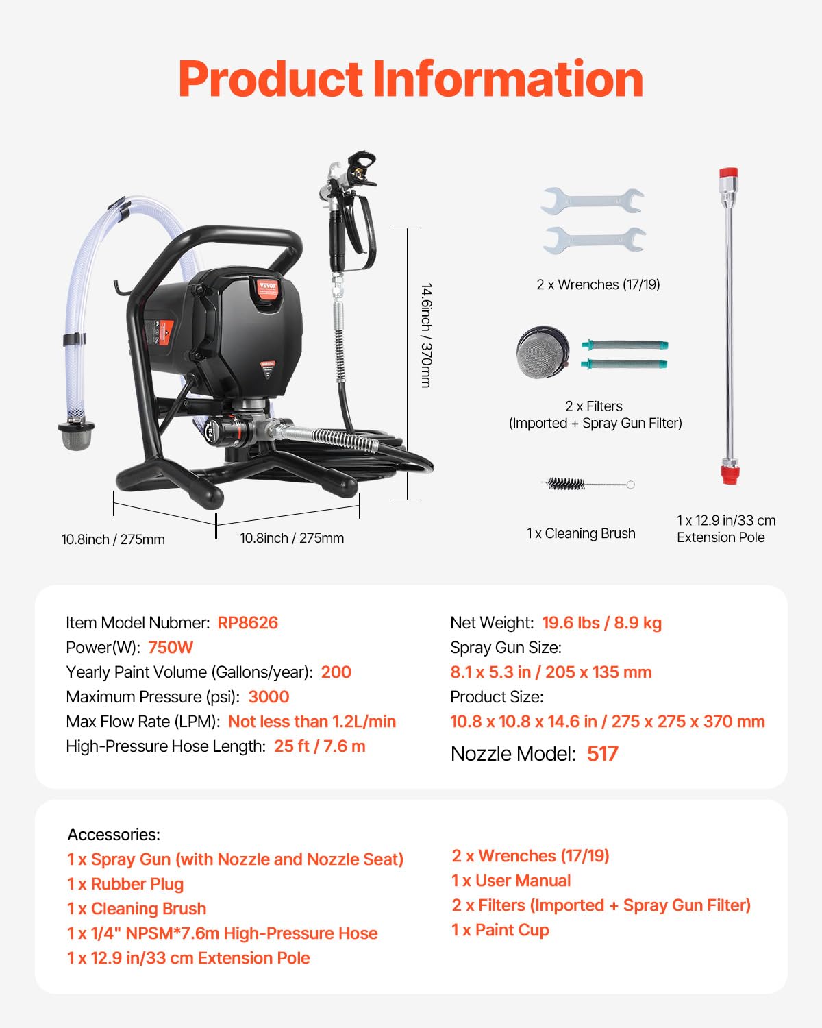 VEVOR 750W Stand Airless Paint Sprayer, 3000PSI High Efficiency Electric Airless Sprayer, Fine and Even Painting Effect, Handheld Paint Sprayers for Home Interior and Exterior Furniture and Fences