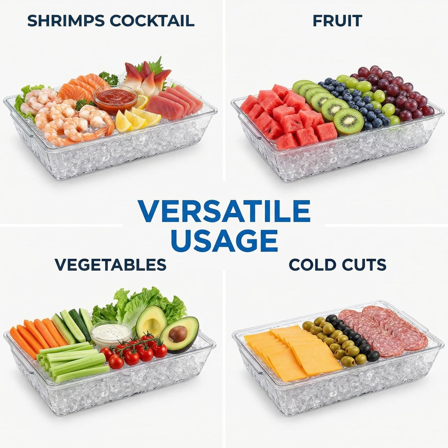 ZENFUN 2 Pack Ice Chilled Serving Tray, Plastic Chilled Party Platter for Fruit, Veggie Trays Large Removable Serving Tray for Cold Dish, Ideal for Appetizers, Seafood, Desserts, Charcuterie Board