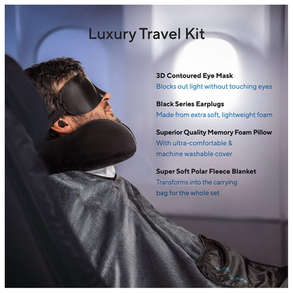 Proglobe Travel Blanket Luxury Travel Set, Ergonomic Airplane Neck Pillow 100% Memory Foam and Super Soft Fleece Blanket, Premium 3D Sleep Mask & Earplugs, Black