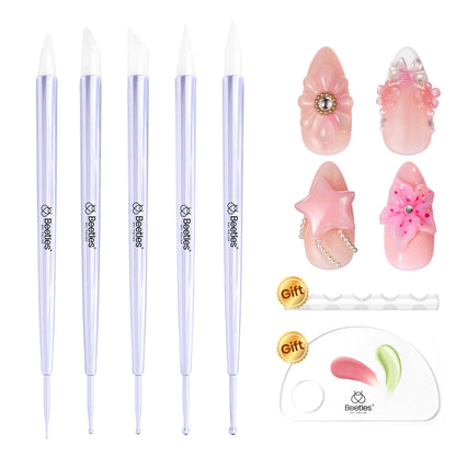 Beetles Nail Art Brushes 8pcs – Crystal Nail Art Tools 5pcs Double-headed Nails Dotting Tool, 3pcs Striping Liner Brushes for Nails with Pearls Bowknot Stickers, DIY Home Salon Manicure Design Tools