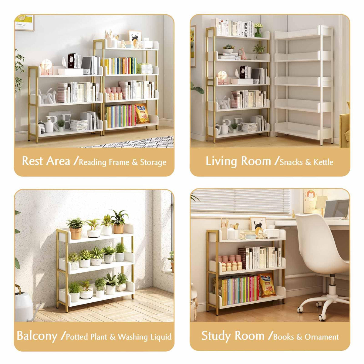 OSCHF Wide Open Shelf Bookcase - Modern 3-Tier Floor Standing Display Bookshelf with Three-Side Panels for Home and Office, Storage Shelving in Warm White with Gold Frame