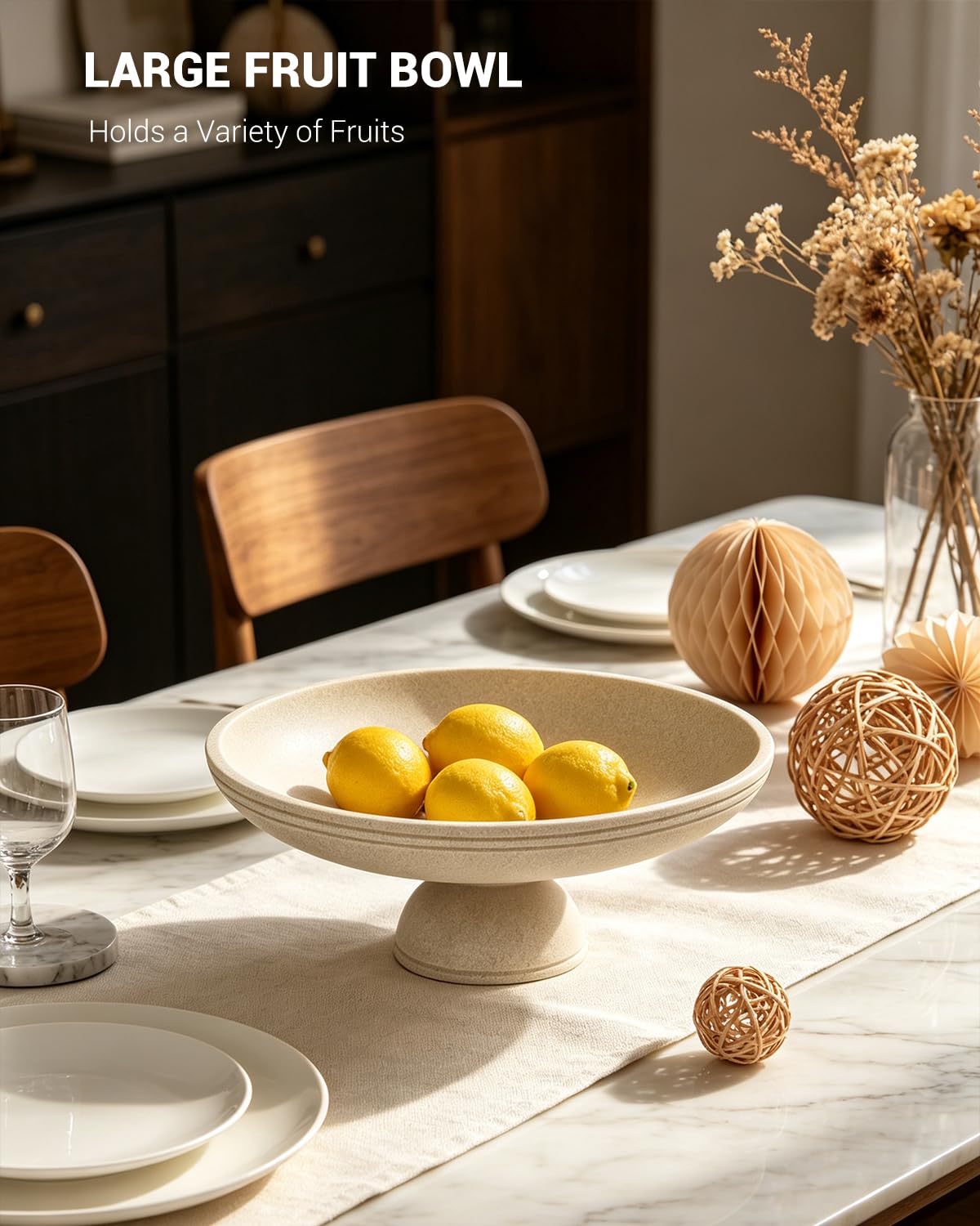 Coiesol Large Decorative Bowl, Handcrafted Beige Resin Pedestal Centerpiece, Fruit Bowl for Kitchen Counter, Durable Catch-All Dish and Entryway Key Holder, Modern Home Decor, 11.7 in