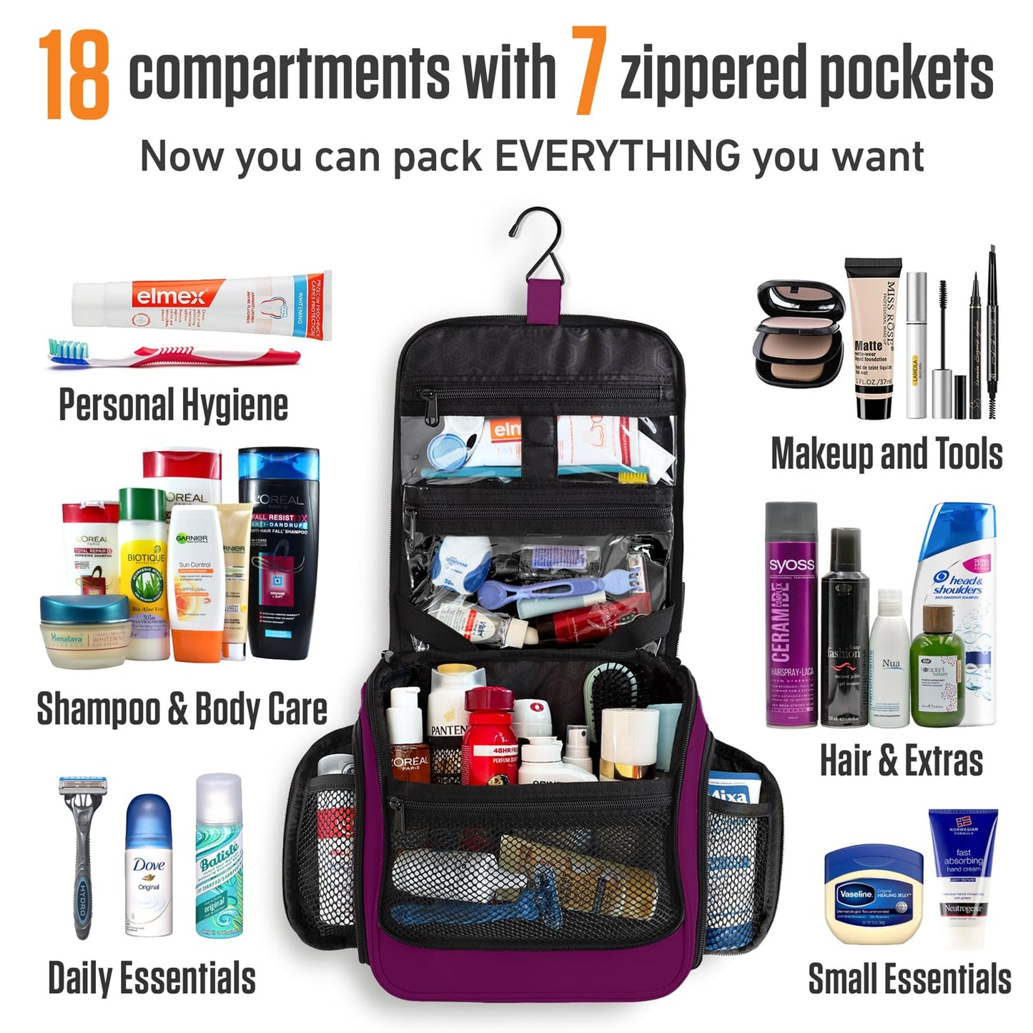 VENTURE 4TH Hanging Travel Toiletry Bag for Women & Men - Travel Organizer with Expandable Compartments & Removable Clear Pouch for Toiletries, Purple, Plain