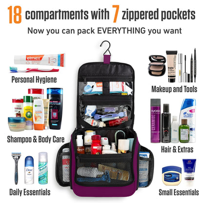 VENTURE 4TH Hanging Travel Toiletry Bag for Women & Men - Travel Organizer with Expandable Compartments & Removable Clear Pouch for Toiletries, Purple, Plain