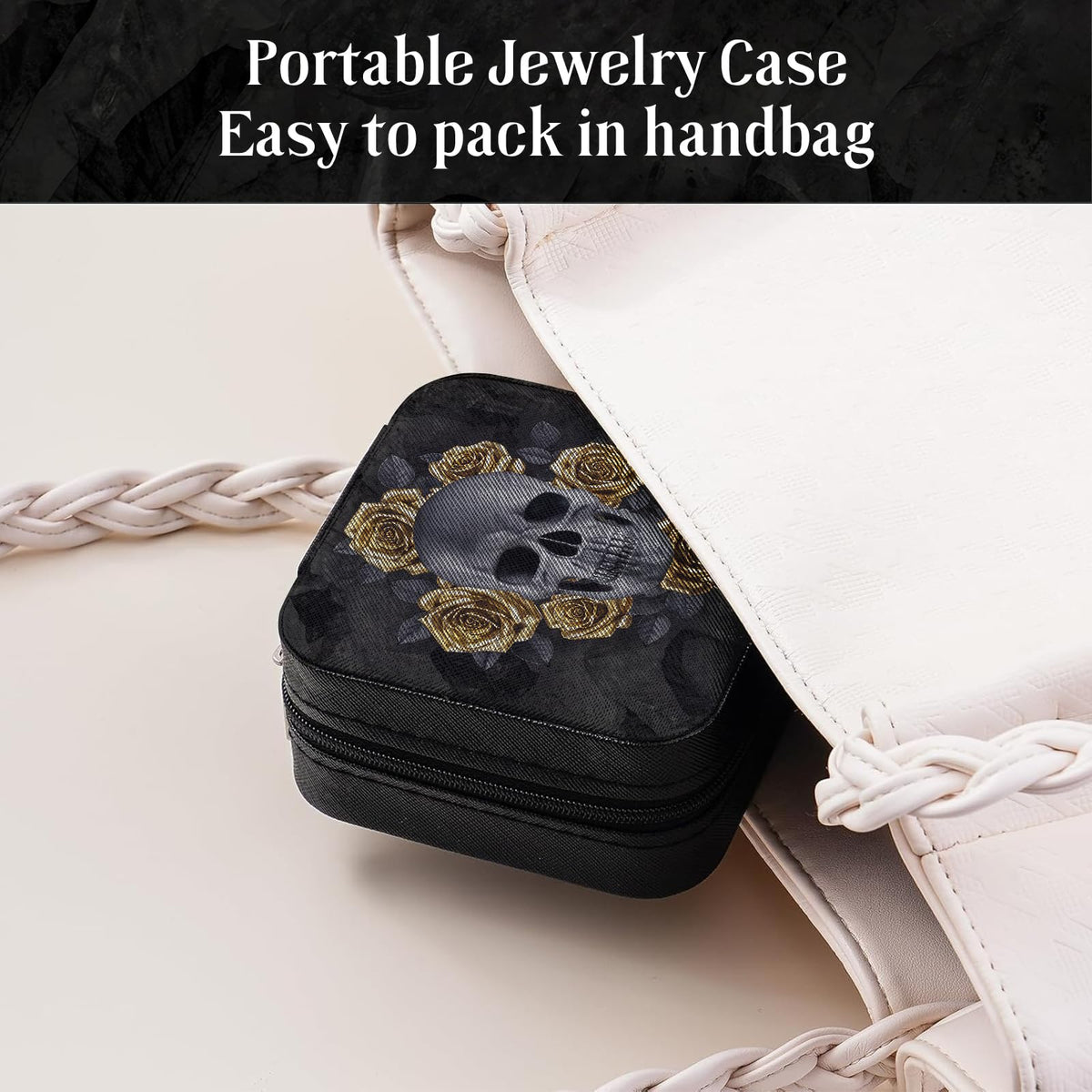 Artinhand Black Skull with Gold Roses Small Travel Jewelry Case with Mirror Portable Black PU Leather Box Earrings Necklaces Rings Bracelets Storage Organizer Gift for Women And Girls