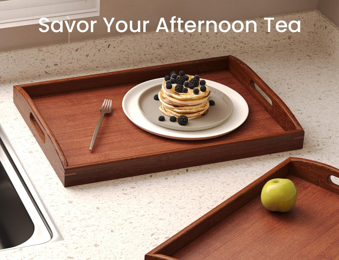 Danfoxer Bamboo Set of 2 Serving Tray with Handles,Large & Small Food Serving Trays for Coffee Table, Kitchen Counter, Breakfast, Party, Decorative Trays for Eating, Ottoman, Bathroom(Brown)