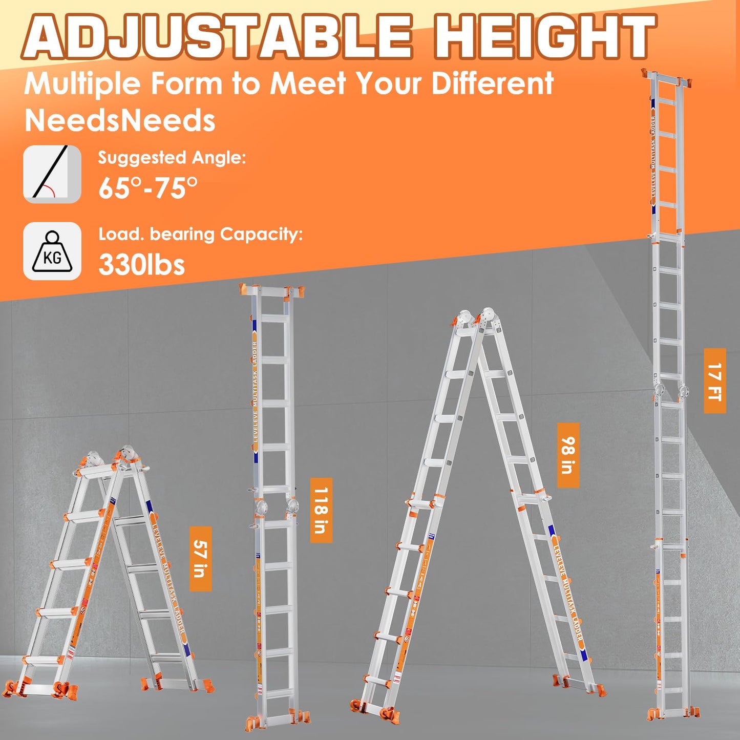 LEVELEVE Telescoping A Frame Ladder, 17FT Multi Position Ladder with Stabilizer Bar & Wheels,330 lbs Security Load for Stairs Home Indoor Outdoor Roof