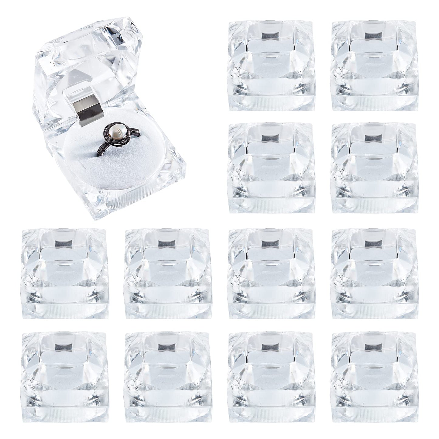 PH PandaHall 12pcs Clear Crystal Ring Gift Boxes Square Earrings Jewelry Storage Box Acrylic Ring Box Holder Display Organizer Case with Foam for Proposal Engagement Wedding Jewelry Display, White