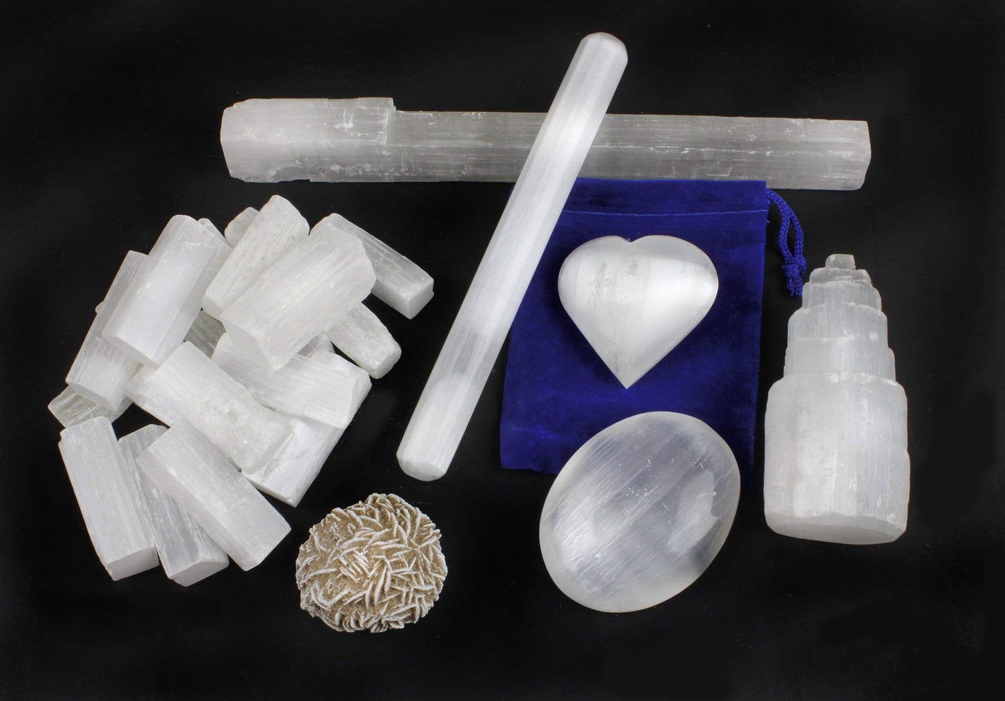 DANCING BEAR Selenite Protection Collection (7 pc Set): Palm Stone Heart, Tower, 5" Stick, 5.5" Massage Wand, and a Sphere, Hand-Made upcycled Silk Bag, and ID Card in Gift Box