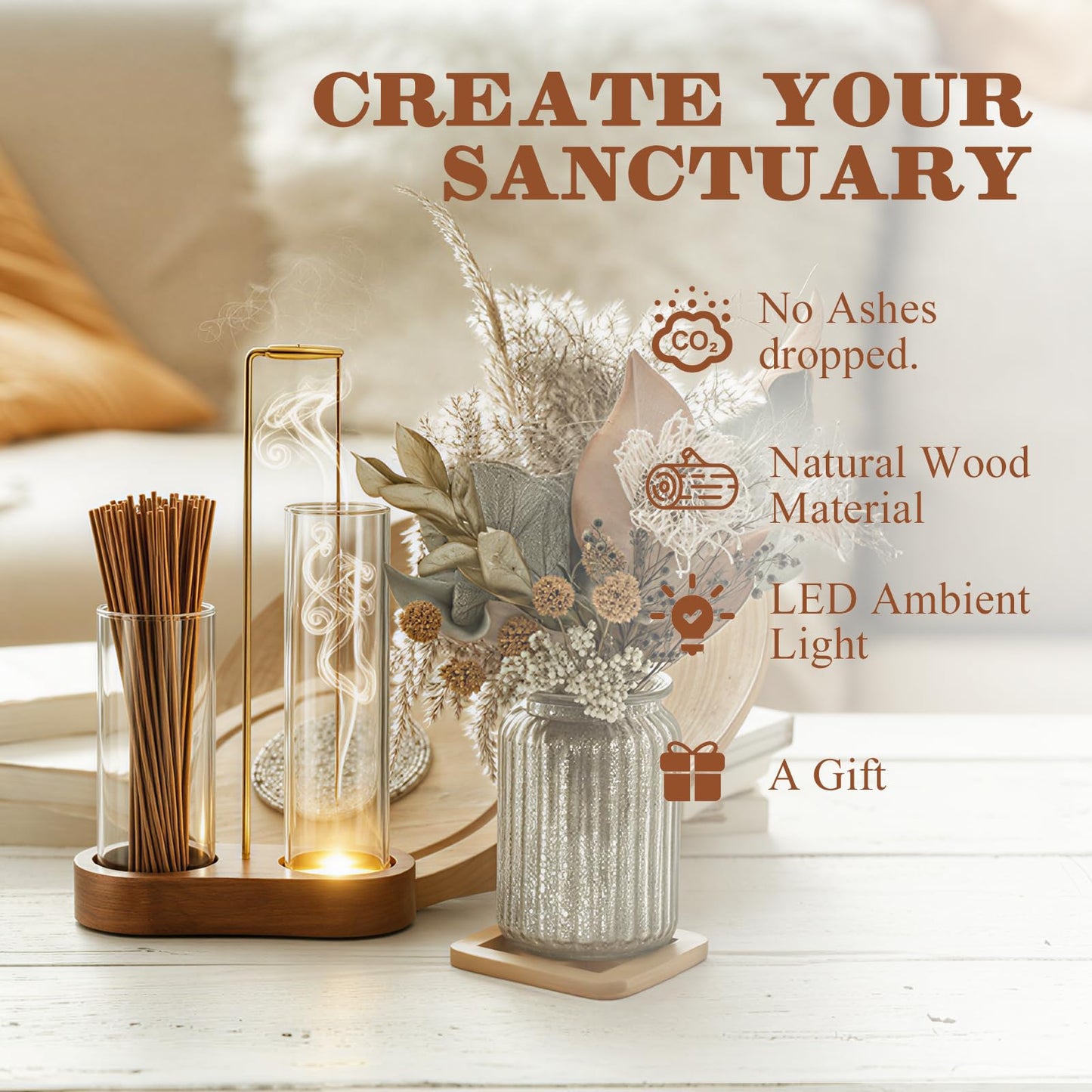 2 in 1 Glowing Incense Holder for Sticks with Ash Catcher and Adjustable Ambient Lighting, Alligator Clip-on Incense Burner Holder with More Secure Hold, Suitable for Yoga, Meditation, Home Decor