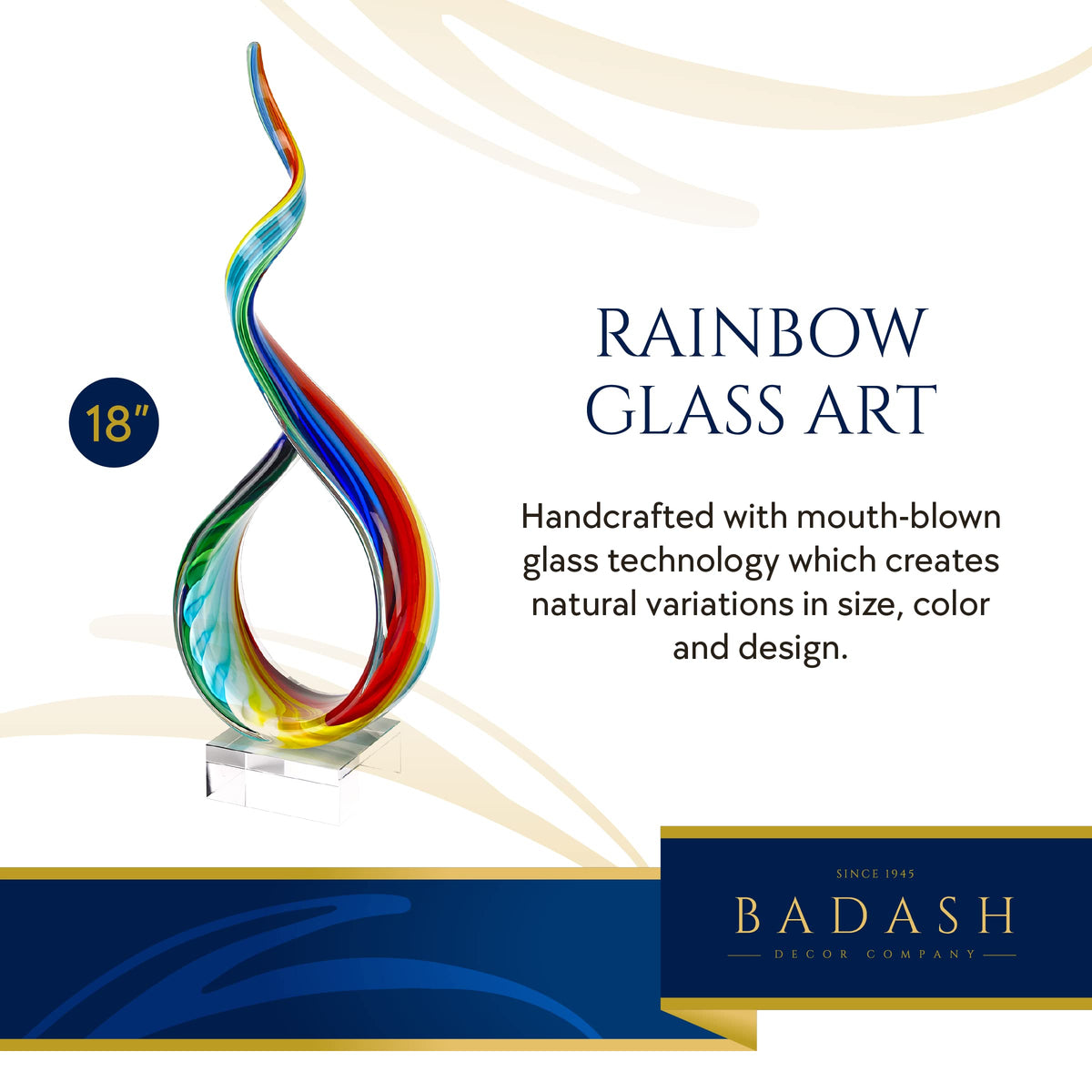 Badash Rainbow Murano-Style Sculpture - Home Decor Statue Glass Art - 18" Tall Mouth-Blown on Crystal Base