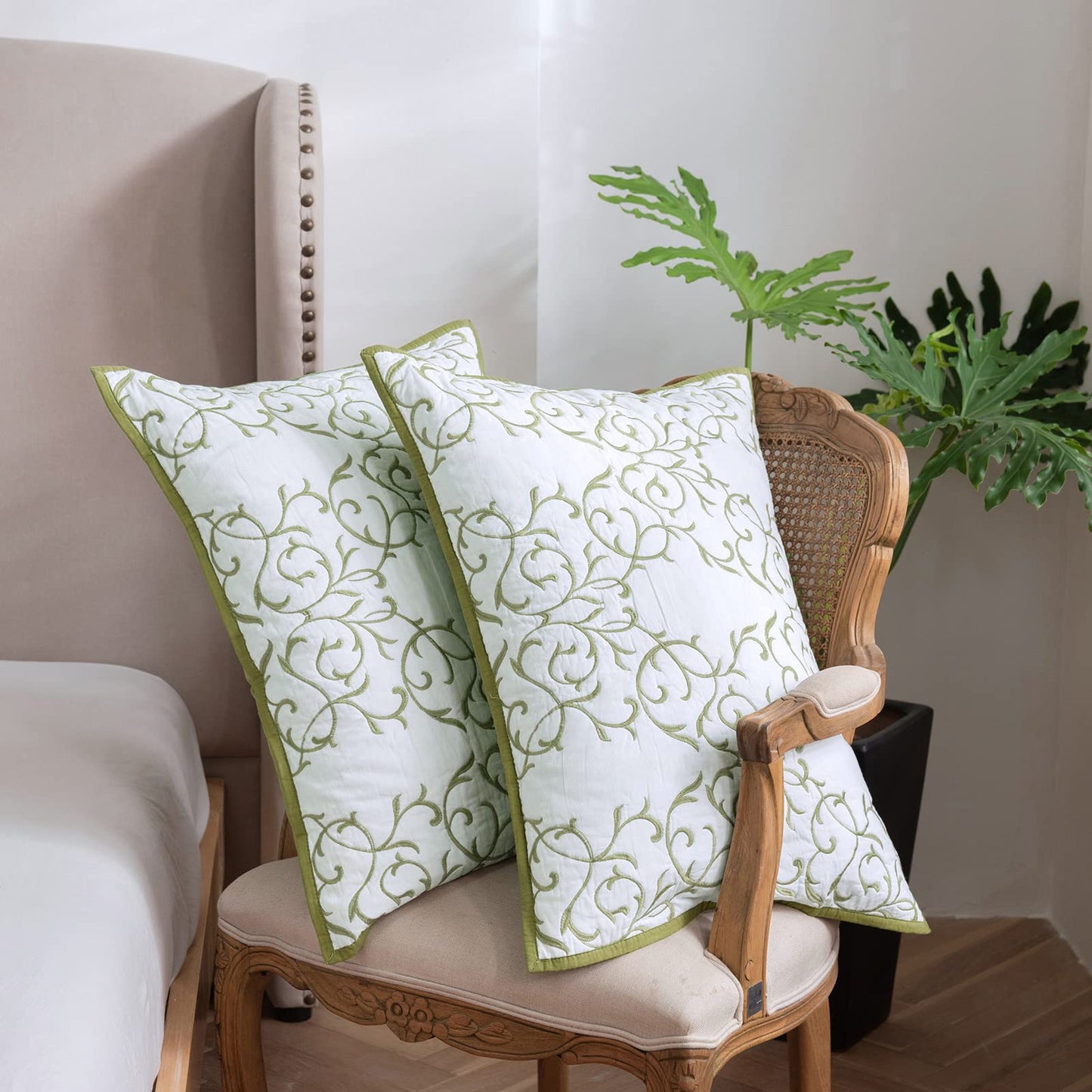 mixinni 2-Piece King Size Soft Microfiber Green Quilted Embroidery Floral Pattern Pillow Shams-20" x 36"