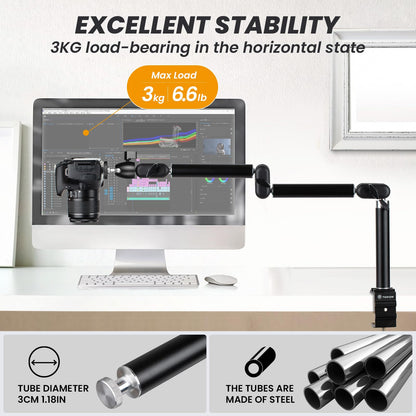 TARION Desk Camera Mount Stand Heavy Duty Articulated Camera Arm Articulating Table Mount Camera Stand Adjustable Flexible Gear Joints TKA01-L