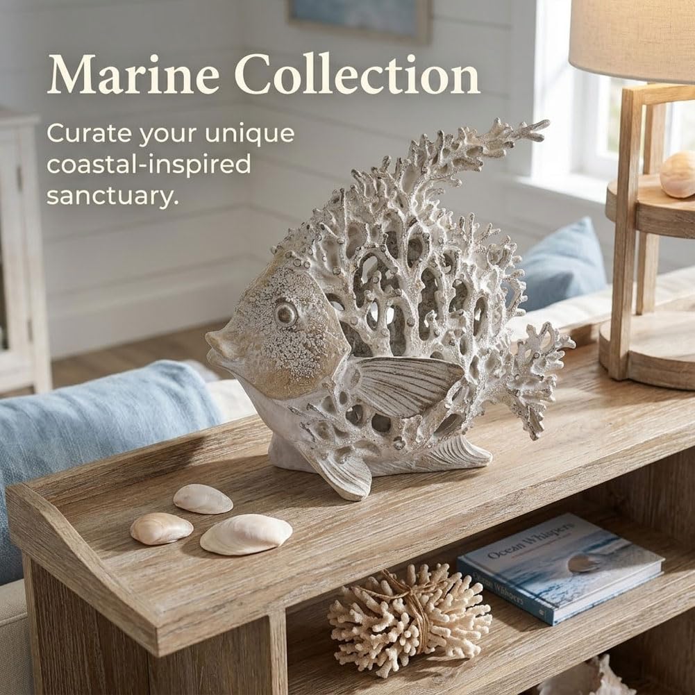 QIANLING Beach Coastal Decor Coral Reef Angelfish Figurines, Modern Nautical Decor Ocean Centerpieces for Living Room, Bathroom, Office, Coffee Table, Beach House, Seaside, Entrance, Shelf Decorative