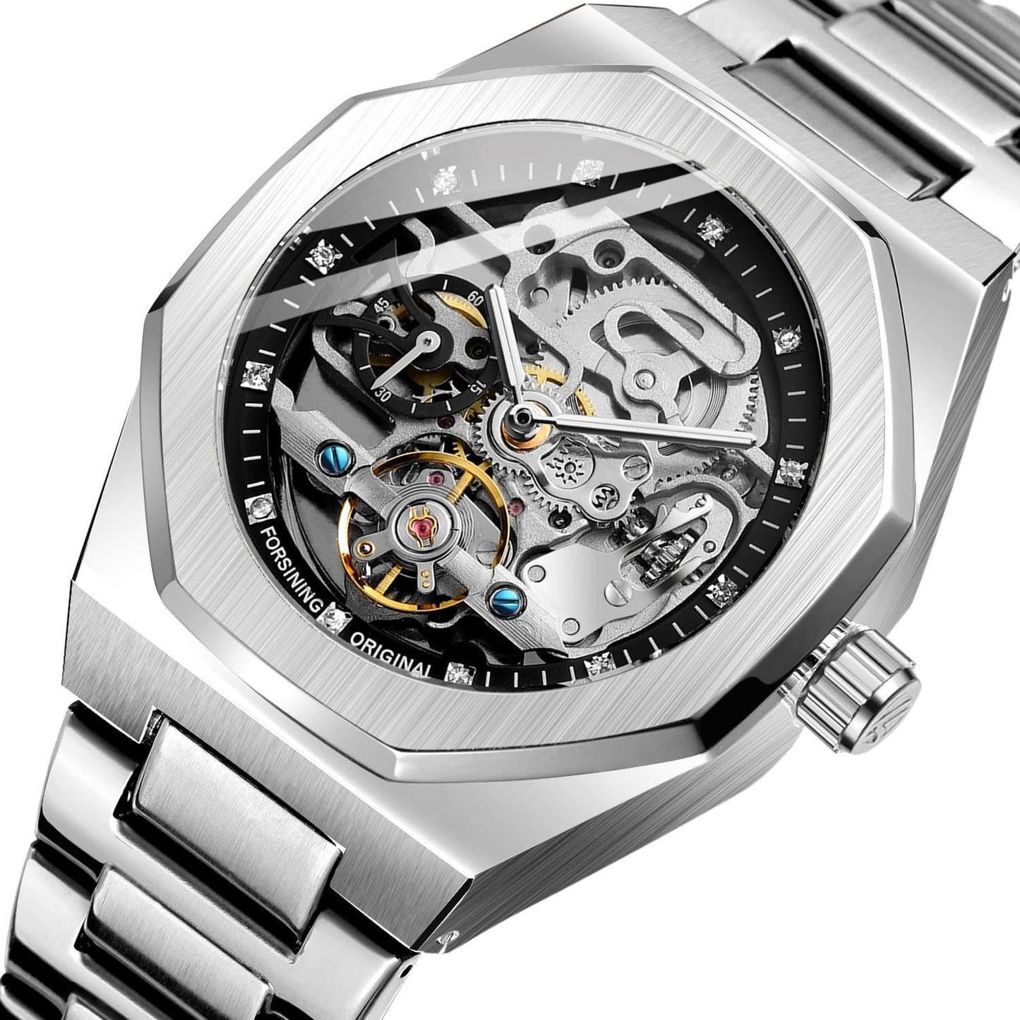 FANMIS Mens Skeleton Watches Luxury Automatic Watch with Stainless Steel Bracelet Wrist Watch (Silver Black)