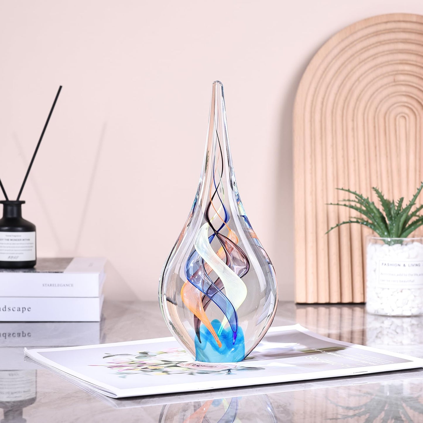 GrivSheen Hand Blown Glass Sculpture, Murano Style Decor, Clear Glass Art Collection Figurines, Teardrop Decorative Statue for Office Shelf, Unique Teardrop Sculpture Paperweight, Beach Room Decor
