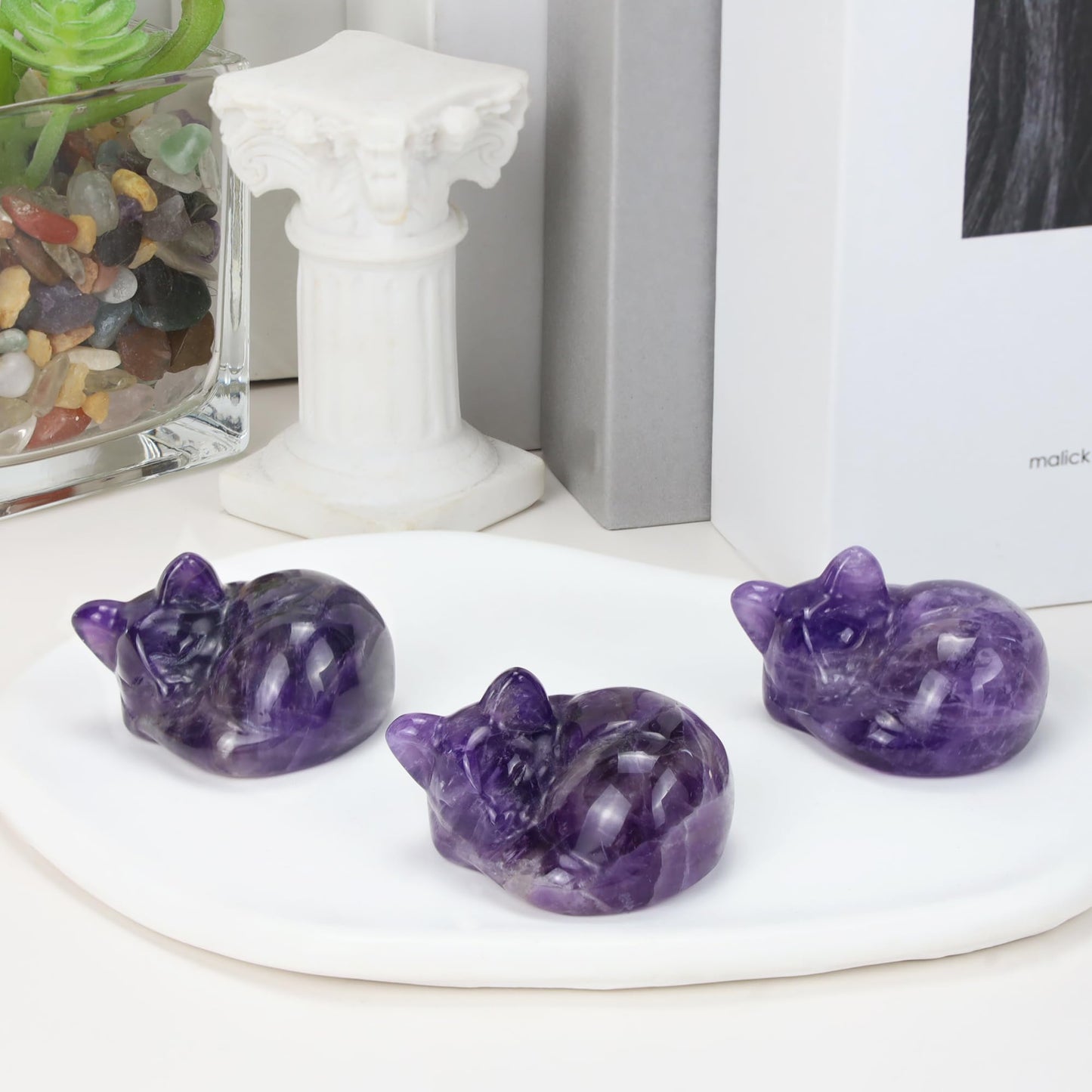 QINJIEJIE Amethyst Cat Decors Natural Healing Crystal Stones Figurine Statue Carved Polished Gemstones Decoration Office Room Desk Purple Decor Purple Gifts for Women Cat Lover Valentine Decor