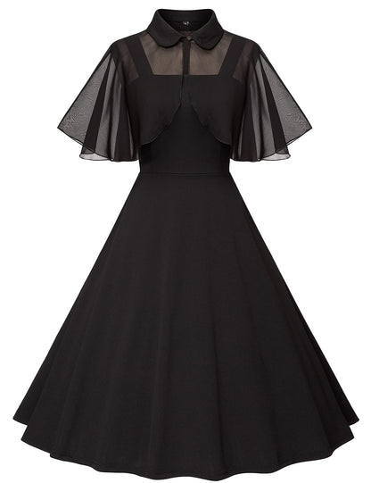 Milreason 1950s Dresses for Women Vintage Goth Swing Cocktail Dress with Pockets and Chiffon Shawl Black