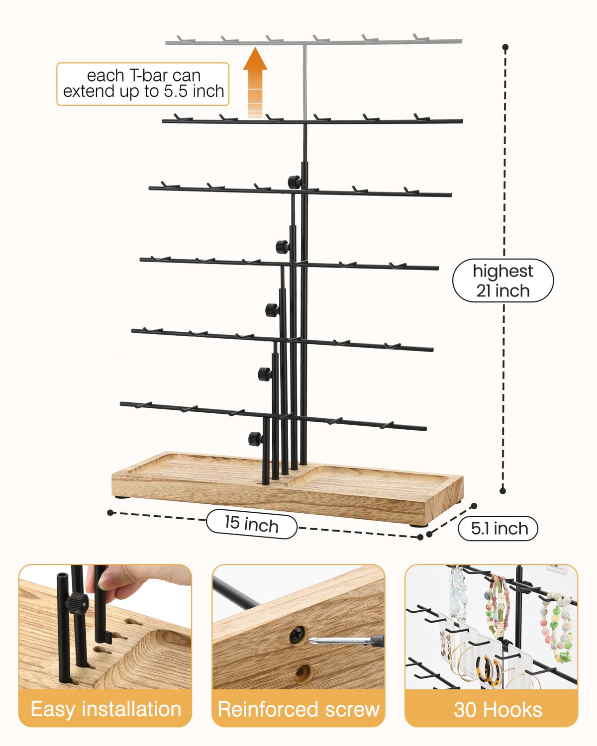 HULISEN Earring Display for Vendors, Adjustable Height Earring Display Stands for Selling, Jewelry Display for Earrings Card, Earrings Rack Display Holder with Tray, 30 Hooks, Carbonized Brown