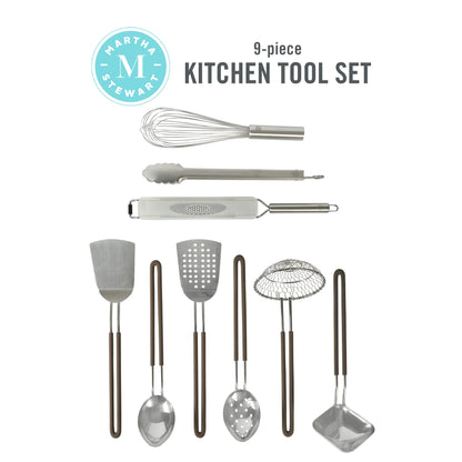 Martha Stewart 9-Piece Stainless Steel Kitchen Gadget & Tool Set – Prep and Serve Utensils, Durable & Rust-Resistant, Dishwasher Safe Cooking Accessories