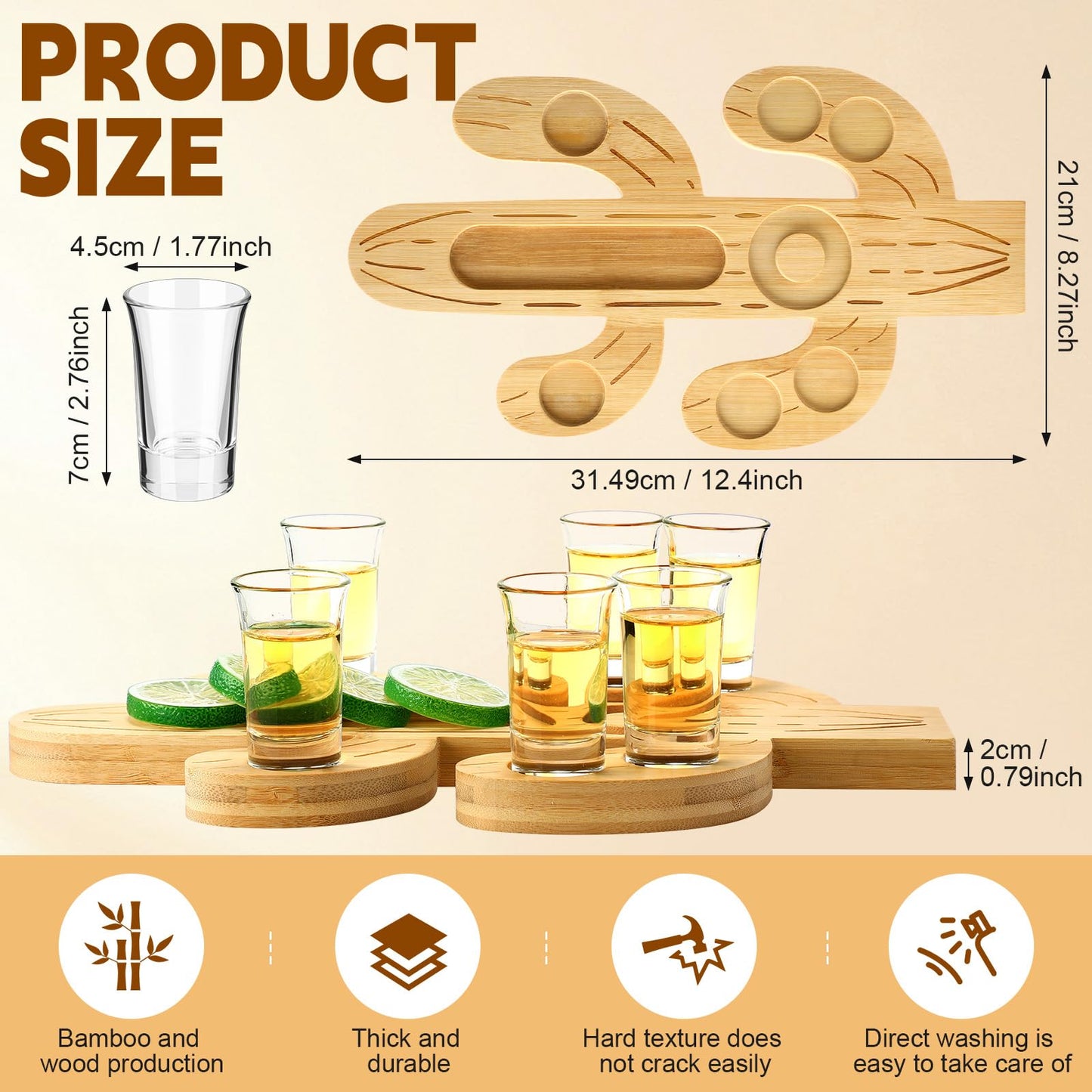 Funnymoom Mexican Tequila Shot Board with Glasses Set Fiesta Wooden Serving Tray with 6 Shot Glasses and Salt Lemon Rim Mexican Tequila Gifts for Cinco De Mayo Holiday Liquor Party(Cactus)