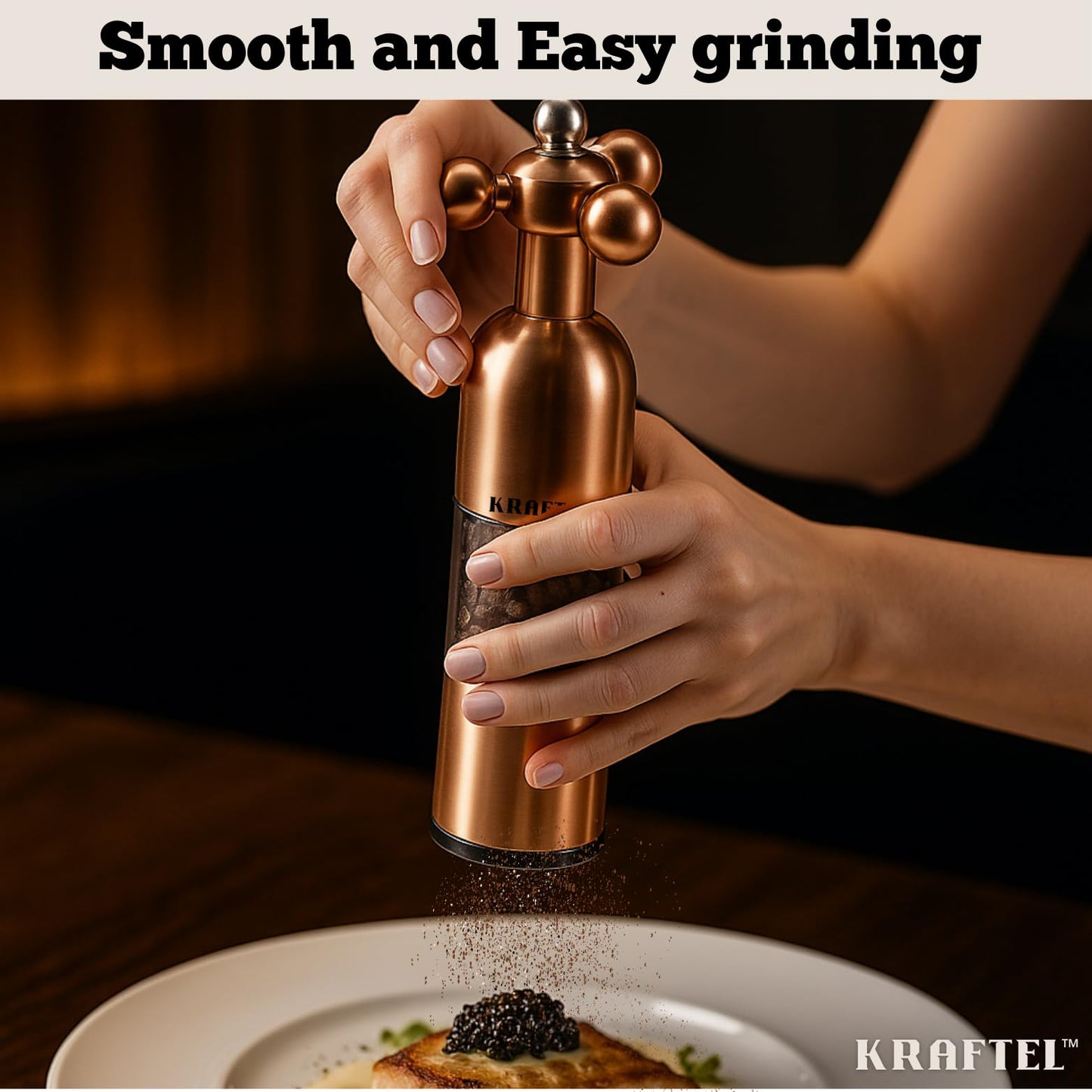 KRAFTEL Premium 8" Salt and Pepper Grinder 2PK. Large Peppermill - Refillable, Adjustable Coarse, Antique Stainless Steel Spice Shaker. Clear Acrylic aesthetic - Cute Copper Color Kitchen Gift for Mom
