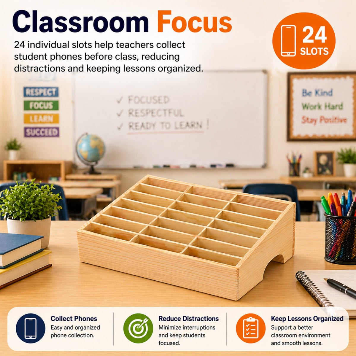 XICHENGSHIDAI 24-Grid Classroom Cell Phone Holder, Wooden Mobile Phone Storage Box, Desk Organizer for Teachers, School and Office