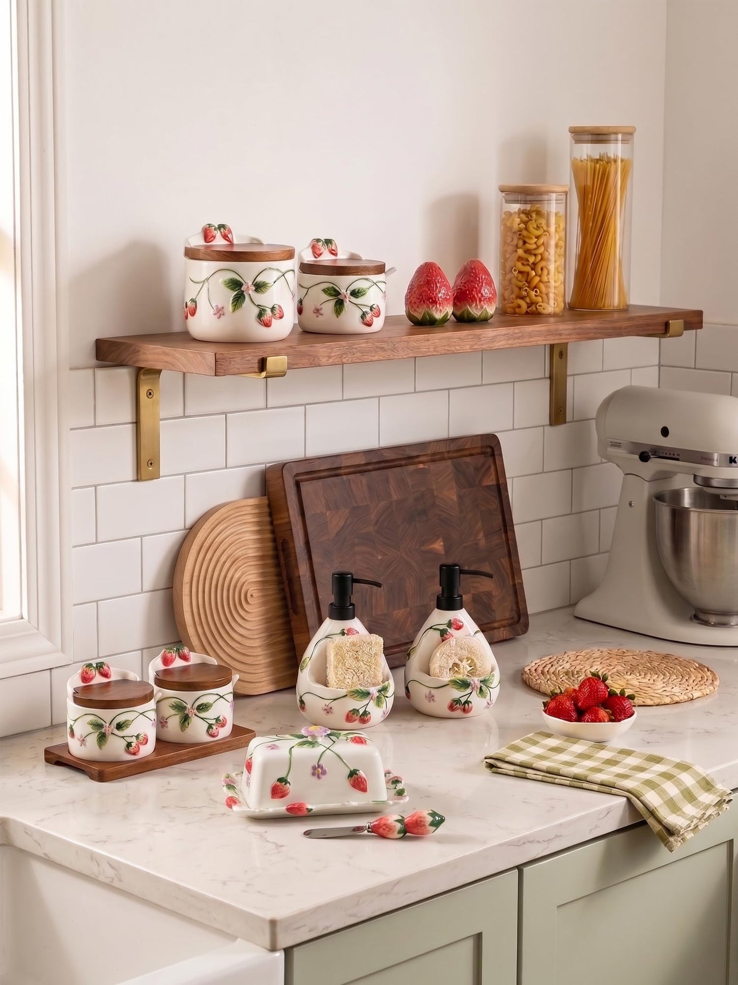 Ceramoira Ceramic Salt and Pepper Cellar Set with Spoons, Lids, and Tray | Handmade Strawberry Condiment Holders for Spices, Sugar, Seasonings, and More | Holds 12oz. Each