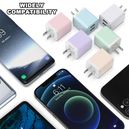6Pack USB Wall Charger, iGENJUN 2.4A Dual USB Port Cube Power Plug Adapter Fast Phone Charger Block Charging Box Brick for iPhone 15/15 Pro/15 Pro Max/14, Samsung Galaxy, Pixel, LG, Android-Multicolor