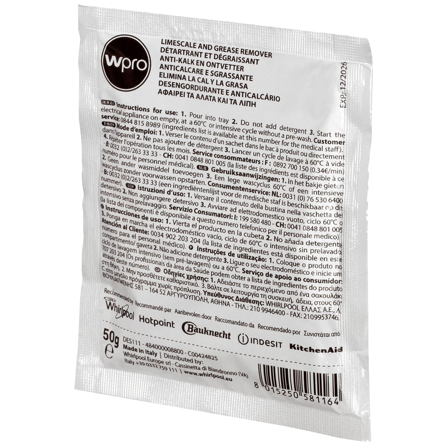 WPRO Indesit Limescale And Detergent Descaler and De Greaser (Box Of 12) Helps Kill Bacteria And Eliminates Odours And Keeps Your Washing Machine Smelling Fresh