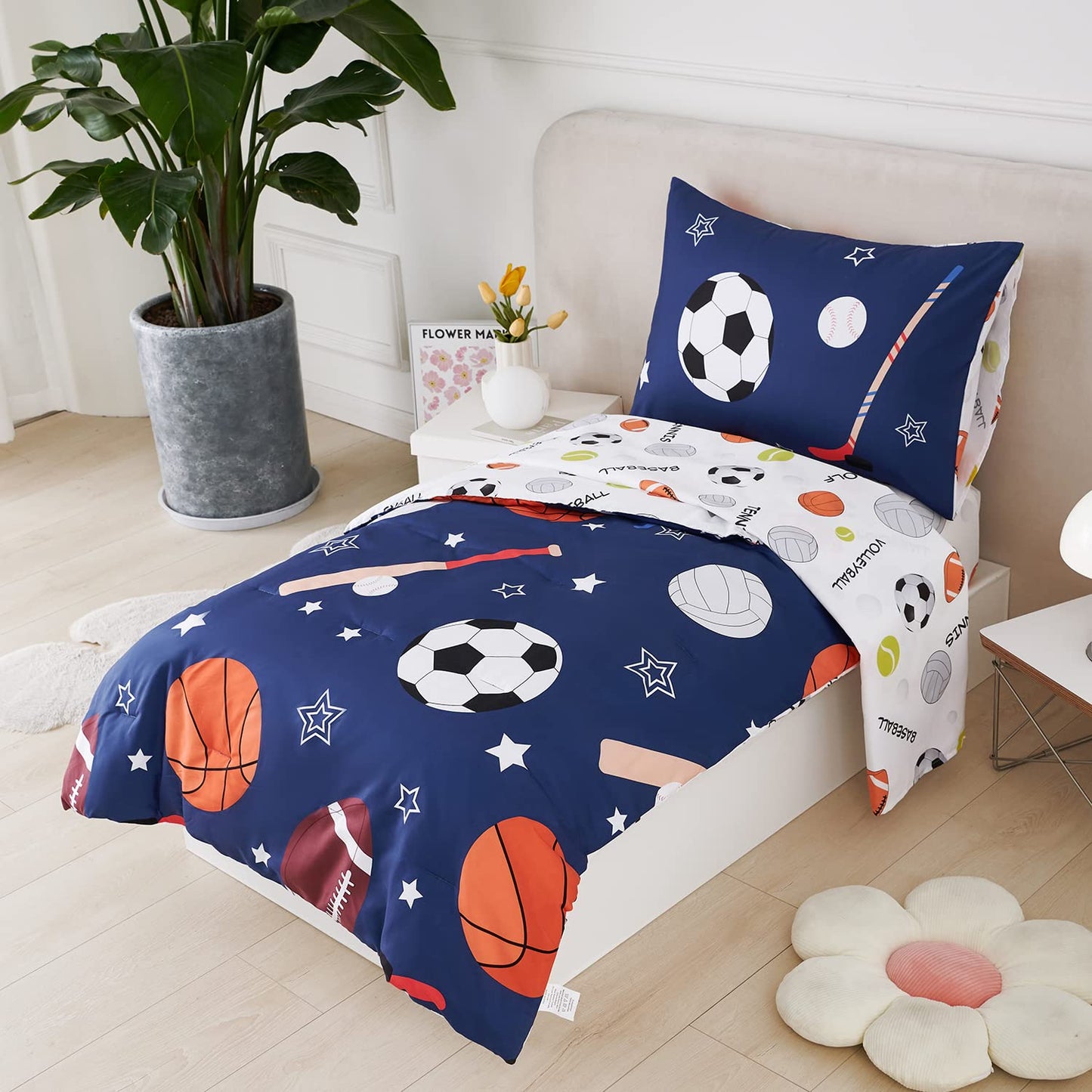 URBONUR 4-Piece Toddler Bedding Set - Ultra Soft Sports Series Baseball Football Basketball Boys Toddler Comforter Set Navy - Include Comforter, Flat Sheet, Fitted Sheet and Reversible Pillowcase