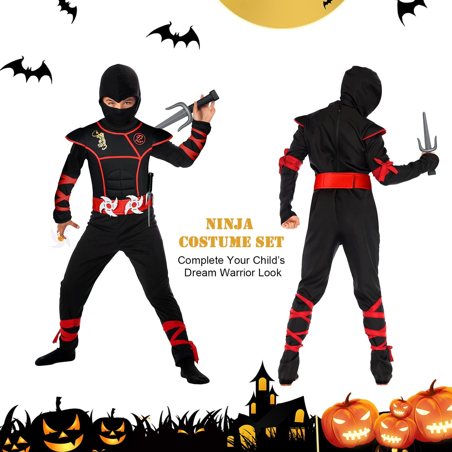 Aomig Kids Halloween Fancy Dress Costume with Ninja Accessories, Warrior Muscle Costume for Boys Girls, Luxury Role Play Outfit for Halloween Cosplay Theme Party (M)