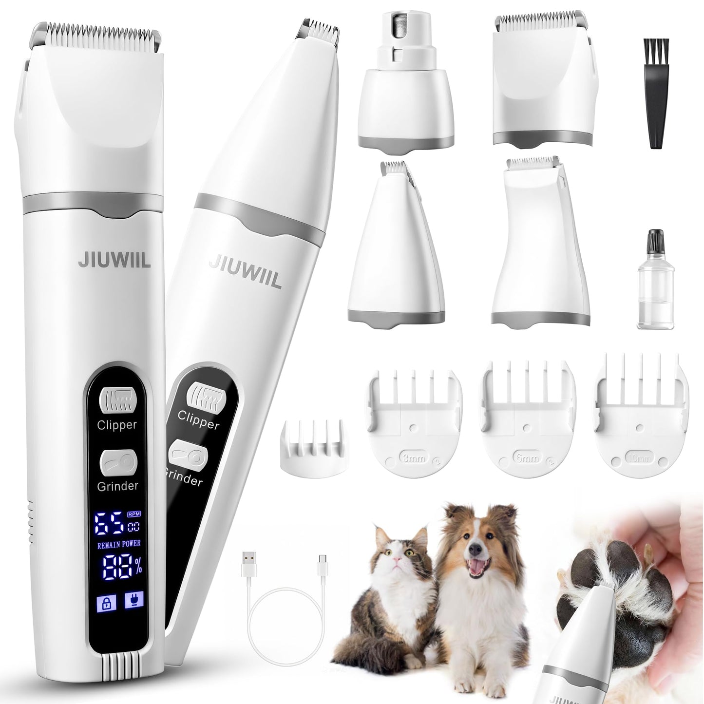 JIUWIIL Dog Clippers for Grooming, 4 in 1 Dog Grooming Kit Hair Clipper with LCD Display, Dog Trimmer for Grooming, Dog Hair Trimmer for Paw Nail Grinder,Shaver Grooming Supplies for Pet Cats Dogs