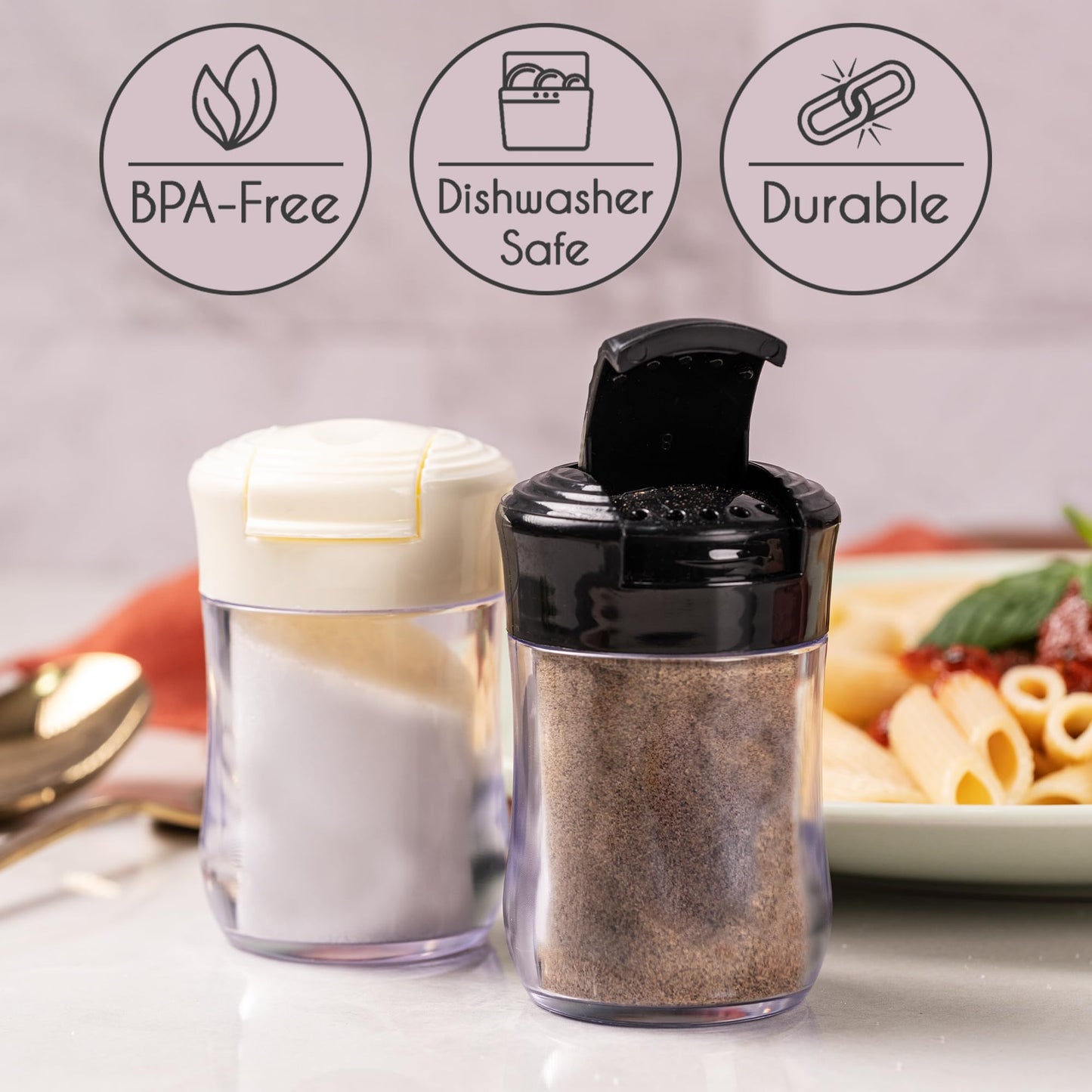 CRYSTALIA Clear Plastic Camping Salt and Pepper Shakers, 2 Pack Mini Salt and Pepper Shakers with Lid, BPA Free Plastic Condiment Containers for Picnic, Camping, Travel, Work, Purse, Catering