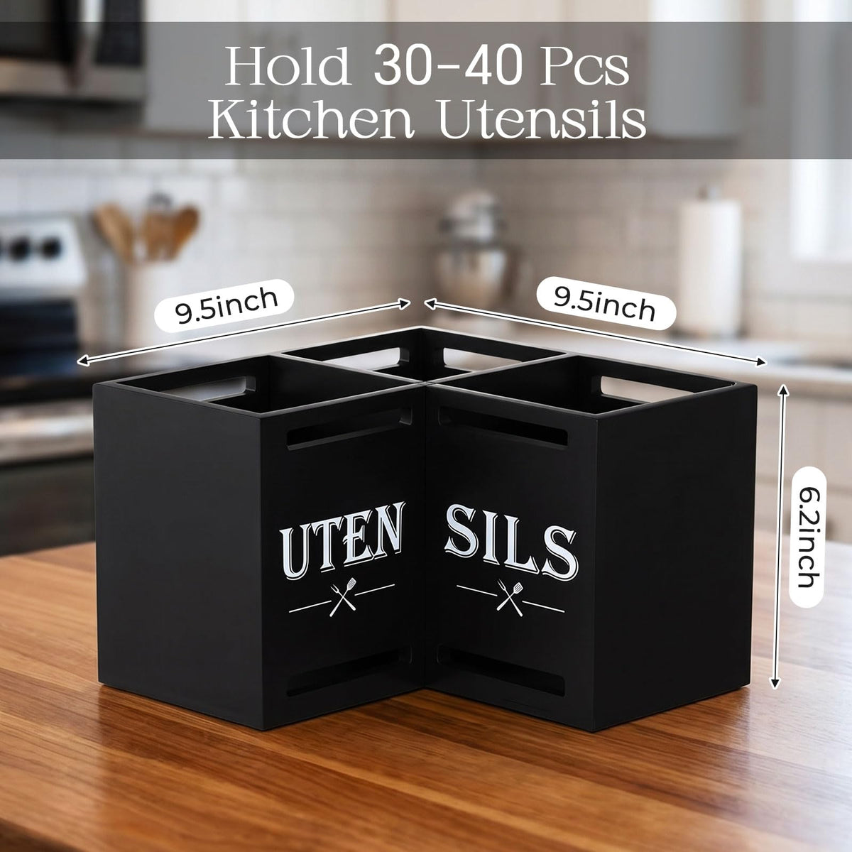 RattanView Large Kitchen Utensil Holder with 3 Compartments, Utensil Holder for Counter, Rustic Black Kitchen Decor Tools Gift Wooden Countertop Cutlery Caddy Spoon