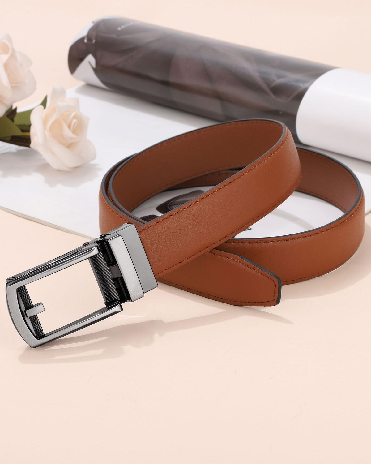 AWAYTR Boys Ratchet Belt for Kids - Brown and Brown Leather Belts for Dress Pants Uniform Jeans (80cm,Gunmetal-Brown)