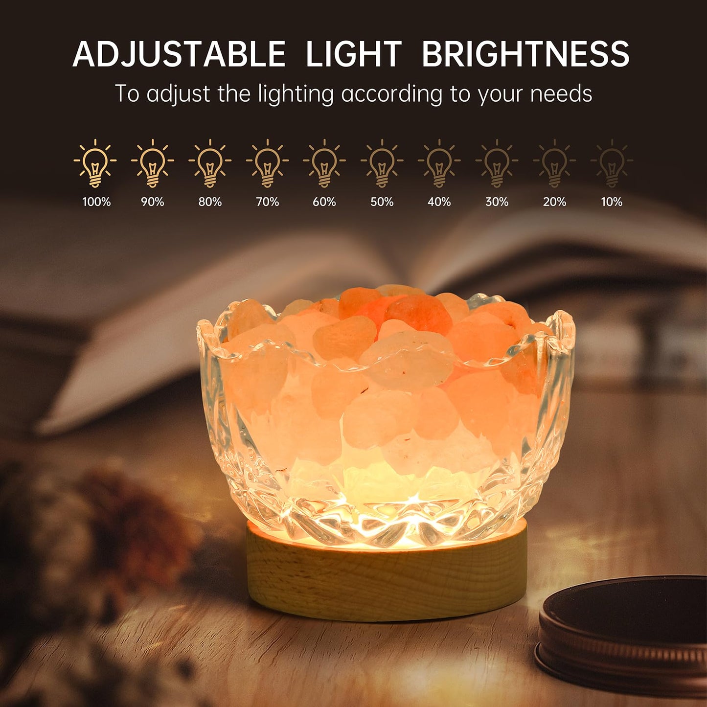 HSLZOMI Himalayan Salt Lamp, Pink, Wooden Base, 10 Levels of Light Intensity Adjustment, USB Plug, 1 Year Warranty