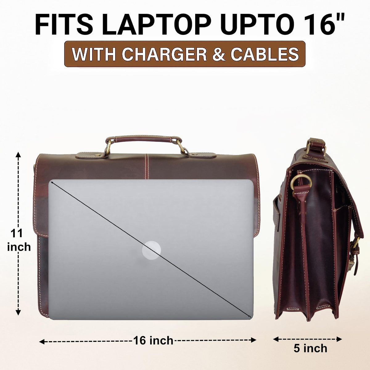 RUSTIC TOWN Handmade 16 inch Brown Leather Shoulder Briefcase Messenger Bag Men's 15.6-inch Laptop Satchel